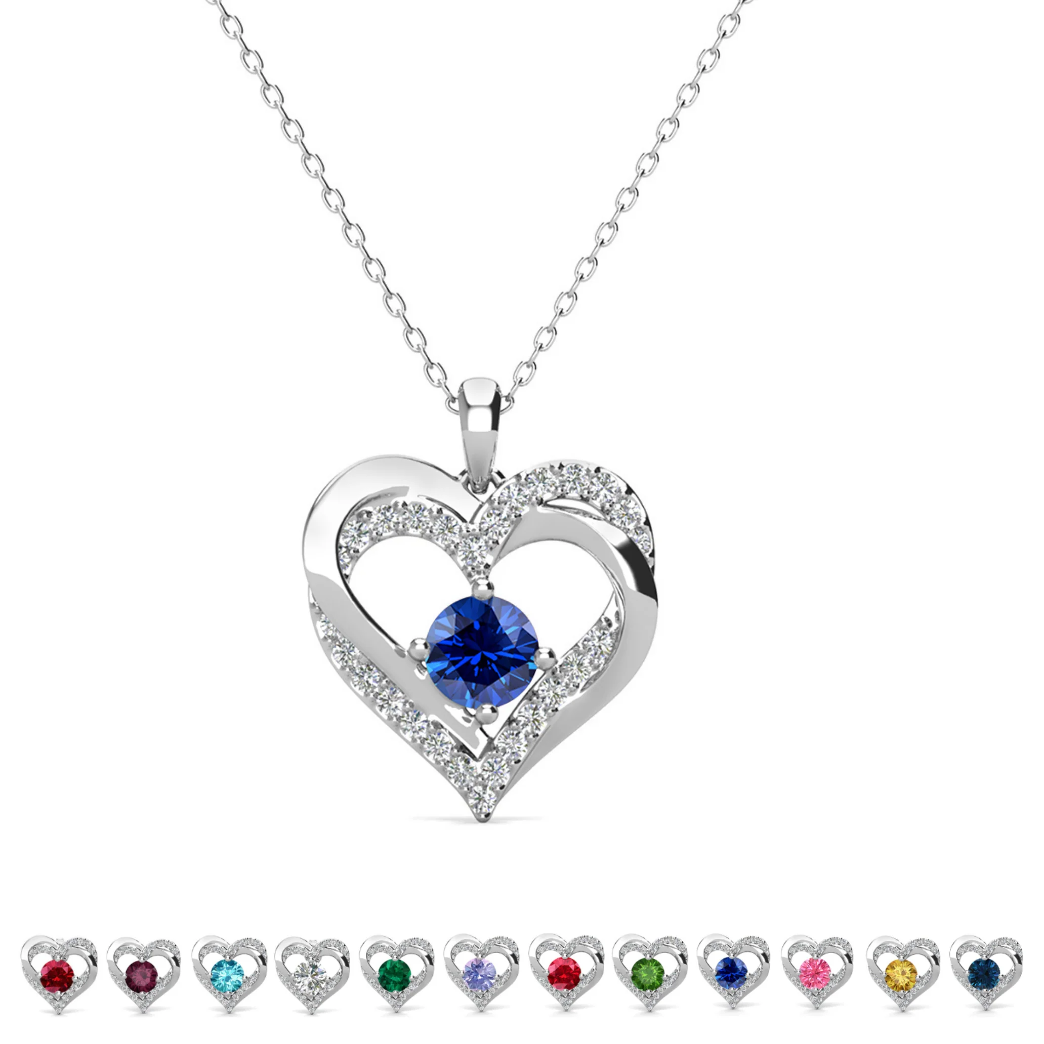 Forever Birthstone 18k White Gold Plated Double Heart Necklace with Swarovski Crystals - Image 29