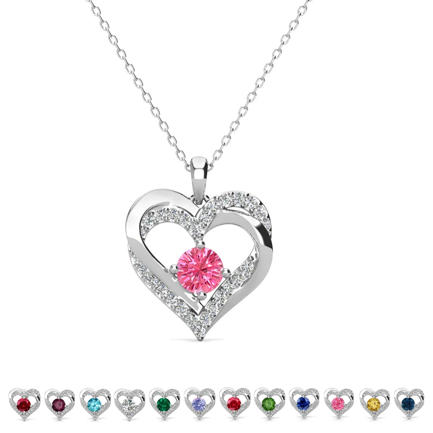 Forever Birthstone 18k White Gold Plated Double Heart Necklace with Swarovski Crystals - Image 32
