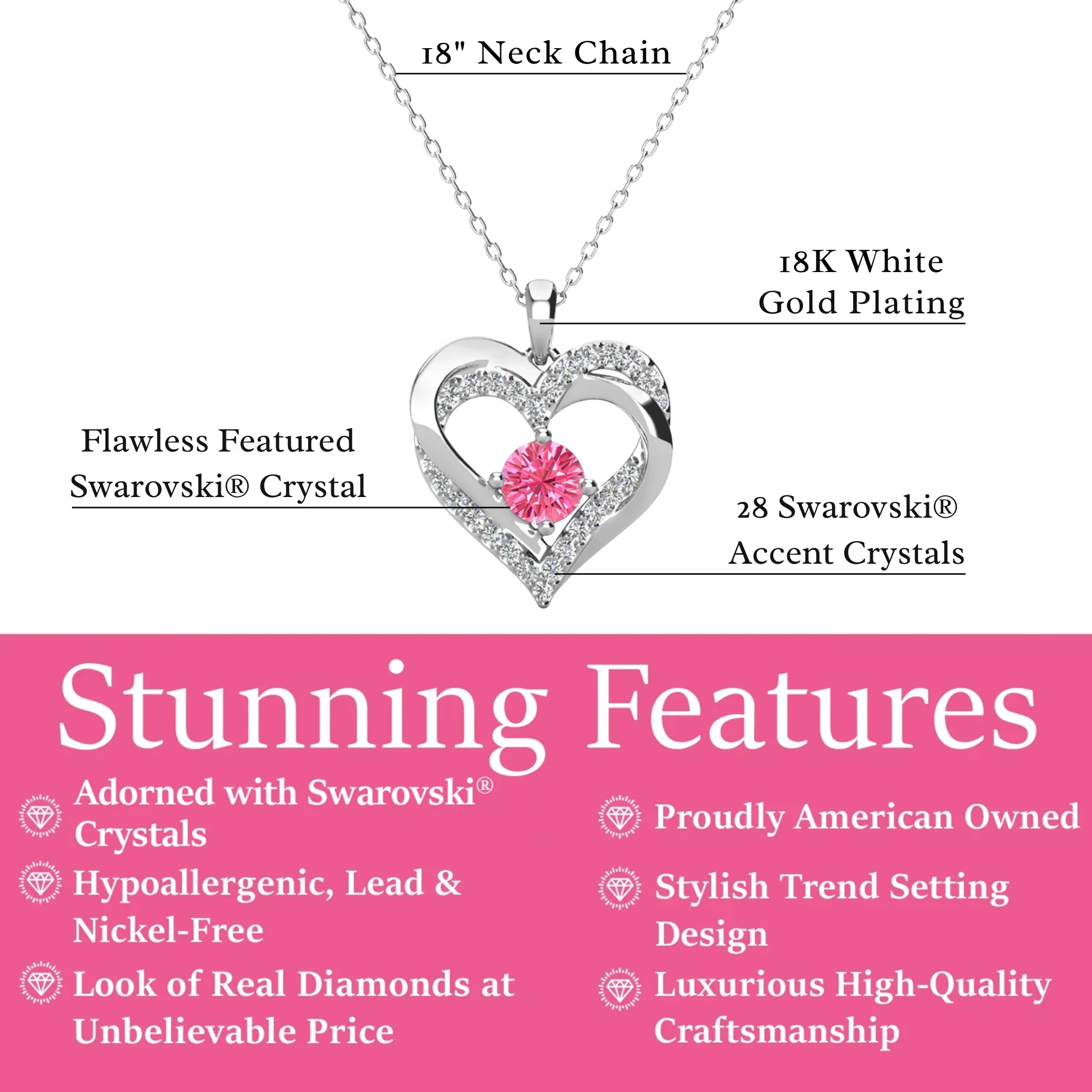 Forever Birthstone 18k White Gold Plated Double Heart Necklace with Swarovski Crystals - Image 33