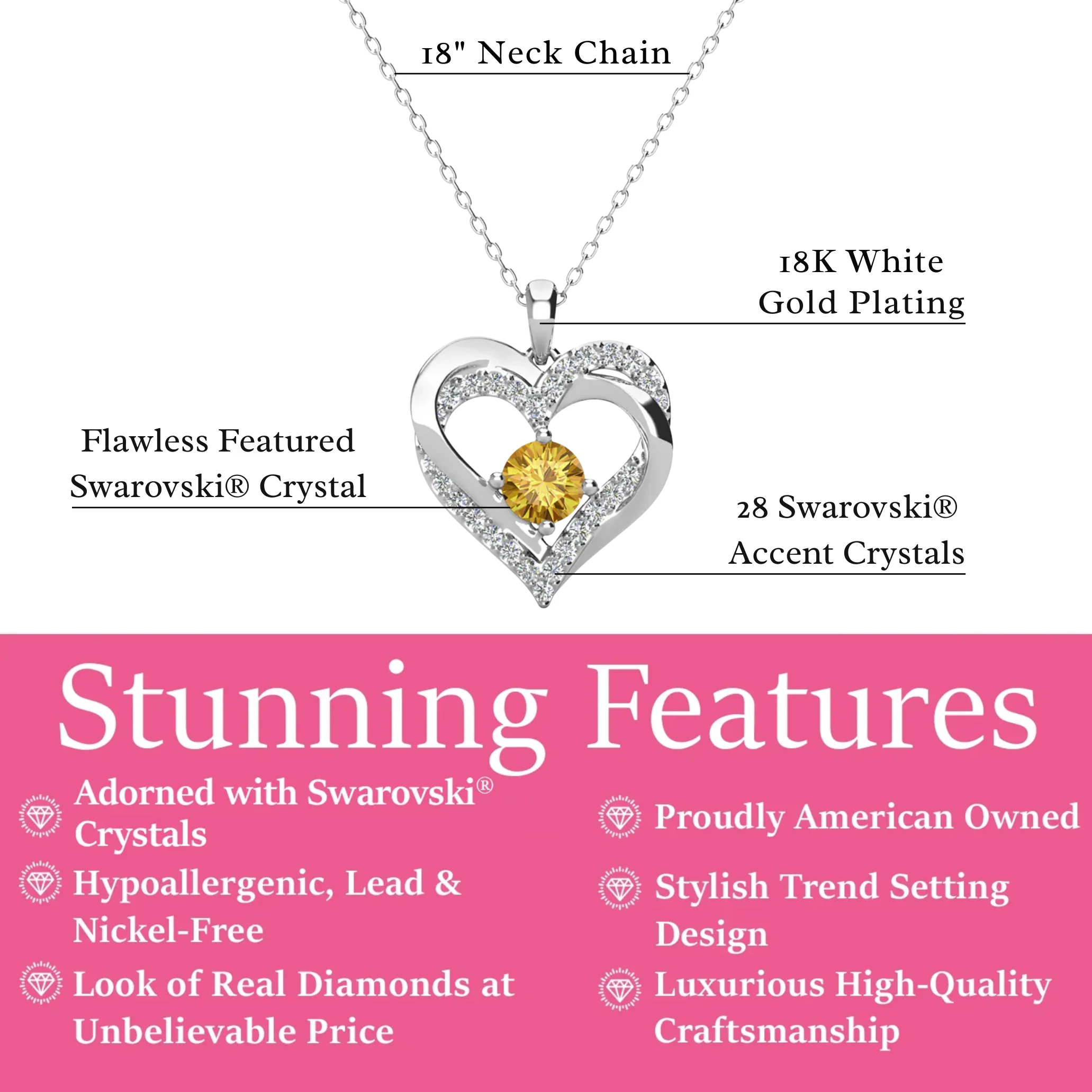 Forever Birthstone 18k White Gold Plated Double Heart Necklace with Swarovski Crystals - Image 36