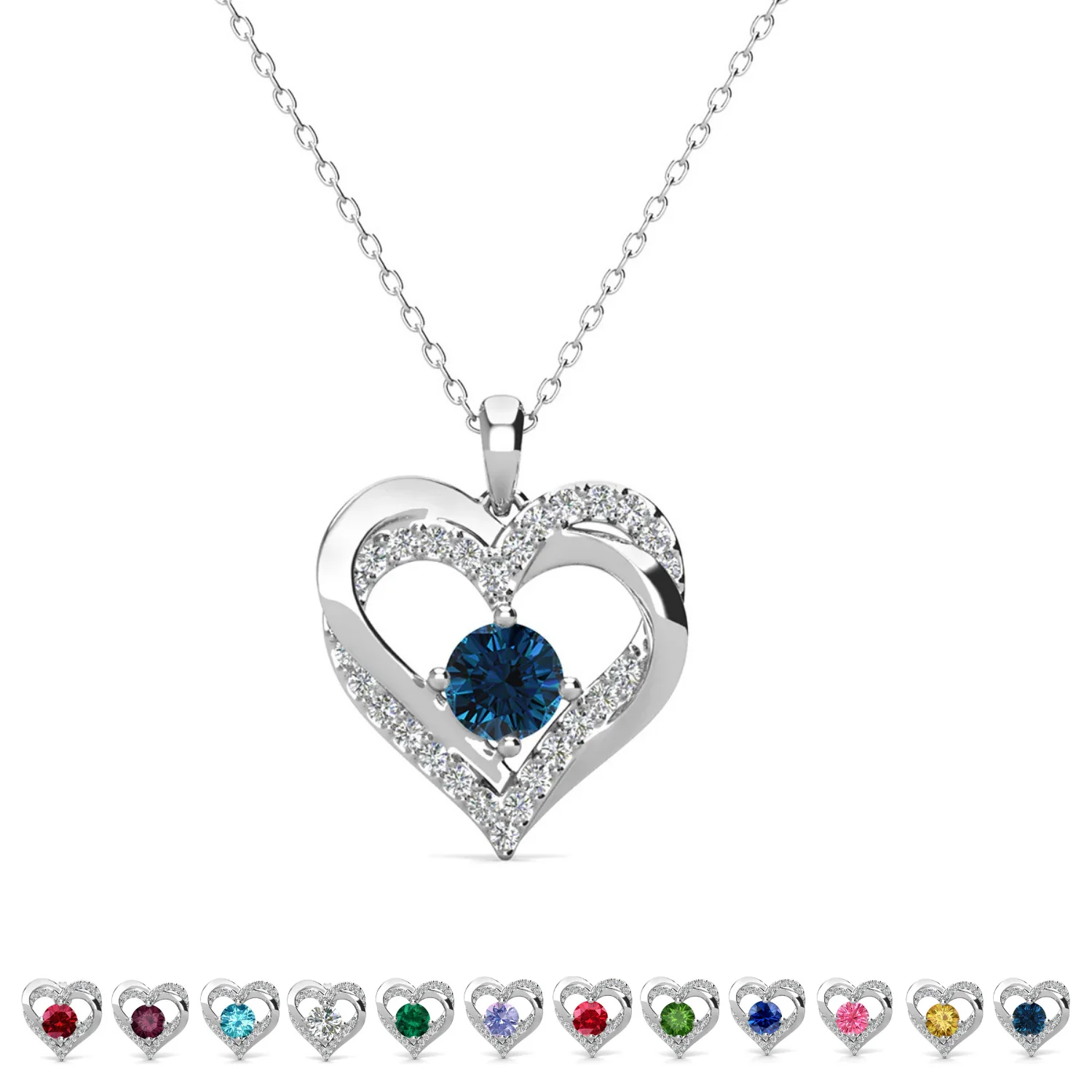 Forever Birthstone 18k White Gold Plated Double Heart Necklace with Swarovski Crystals - Image 38