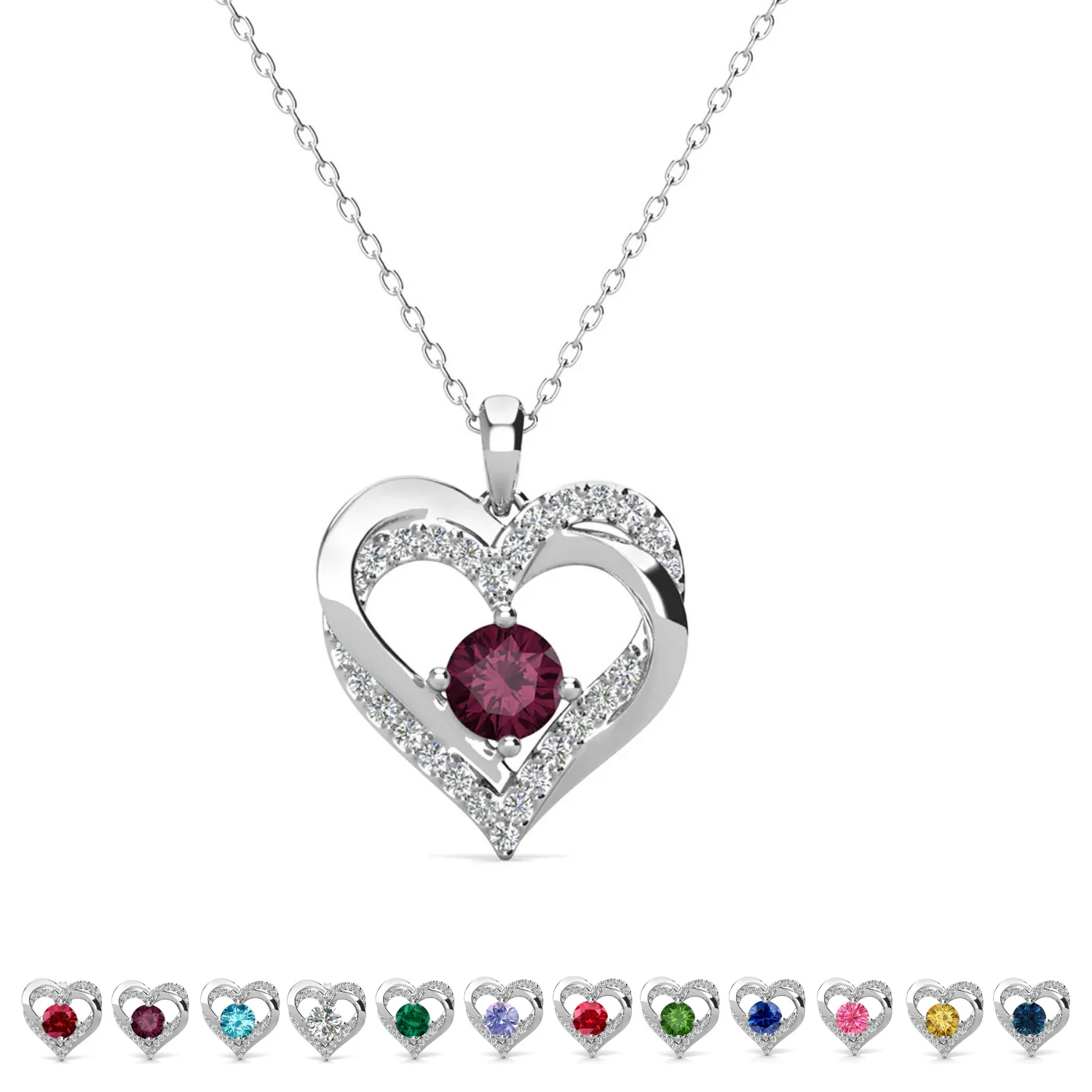 Forever Birthstone 18k White Gold Plated Double Heart Necklace with Swarovski Crystals - Image 8