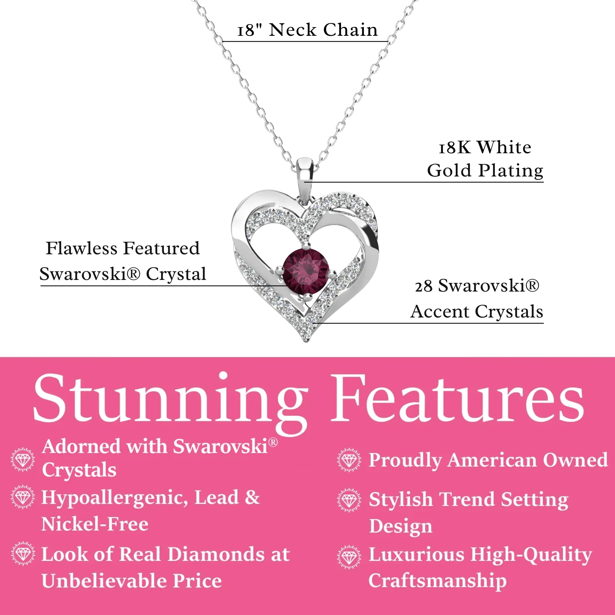 Forever Birthstone 18k White Gold Plated Double Heart Necklace with Swarovski Crystals - Image 9