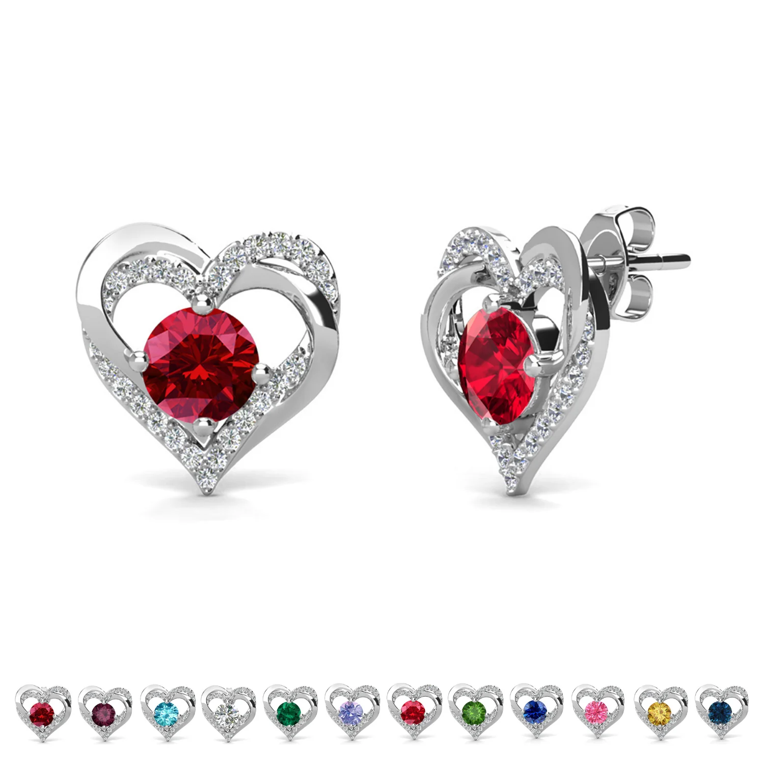 Forever Birthstone 18k White Gold Plated Double Heart Stud Earrings with Swarovski Crystals