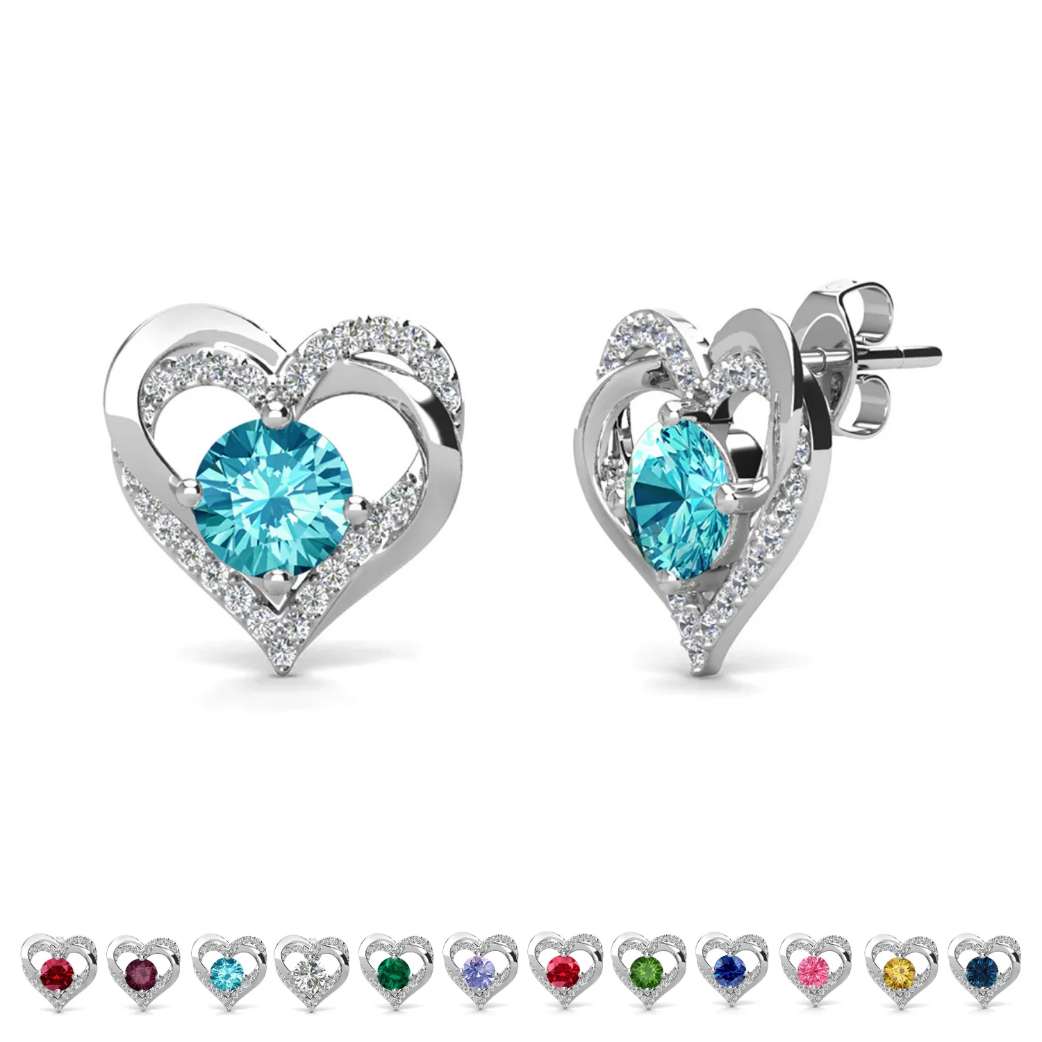Forever Birthstone 18k White Gold Plated Double Heart Stud Earrings with Swarovski Crystals - Image 11