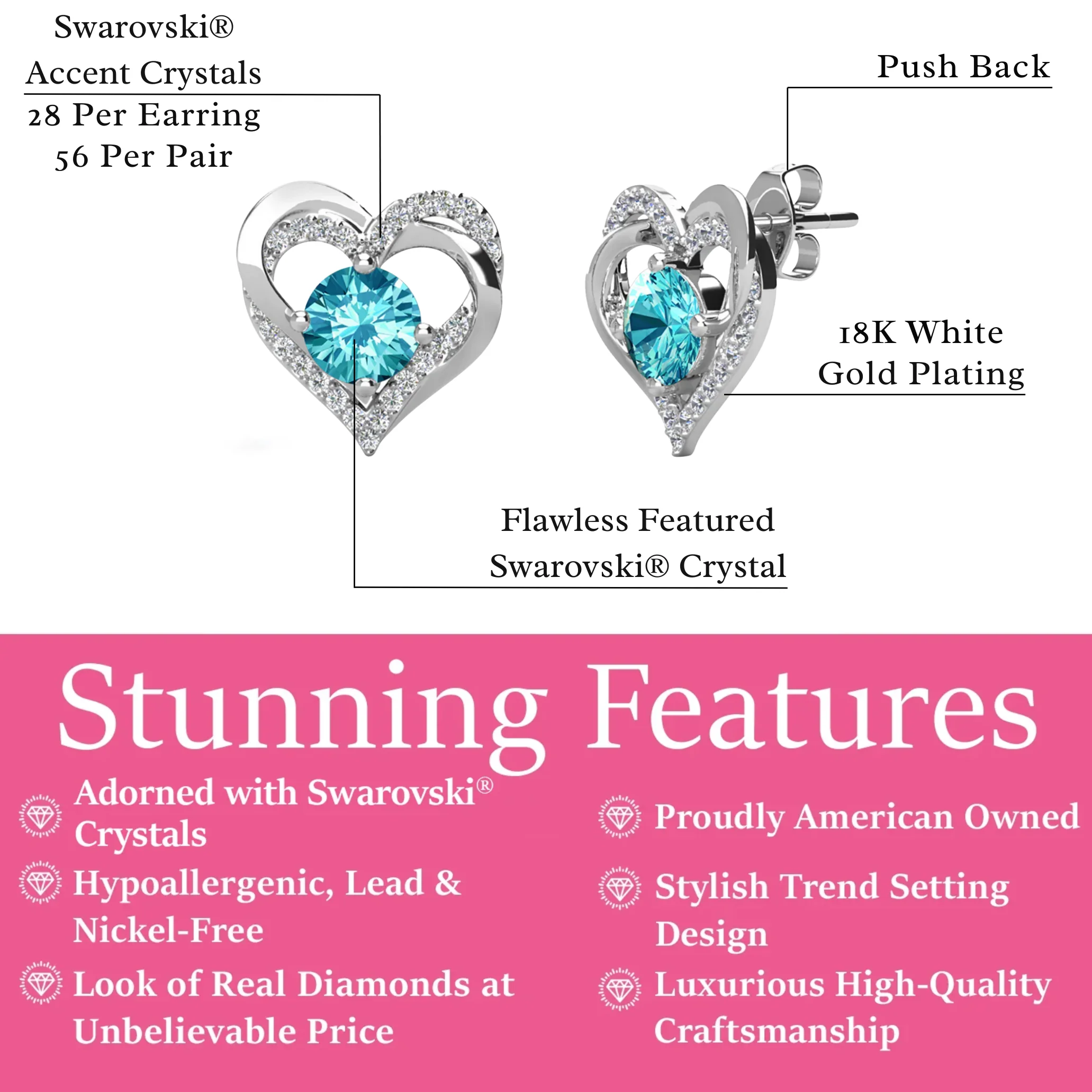 Forever Birthstone 18k White Gold Plated Double Heart Stud Earrings with Swarovski Crystals - Image 12