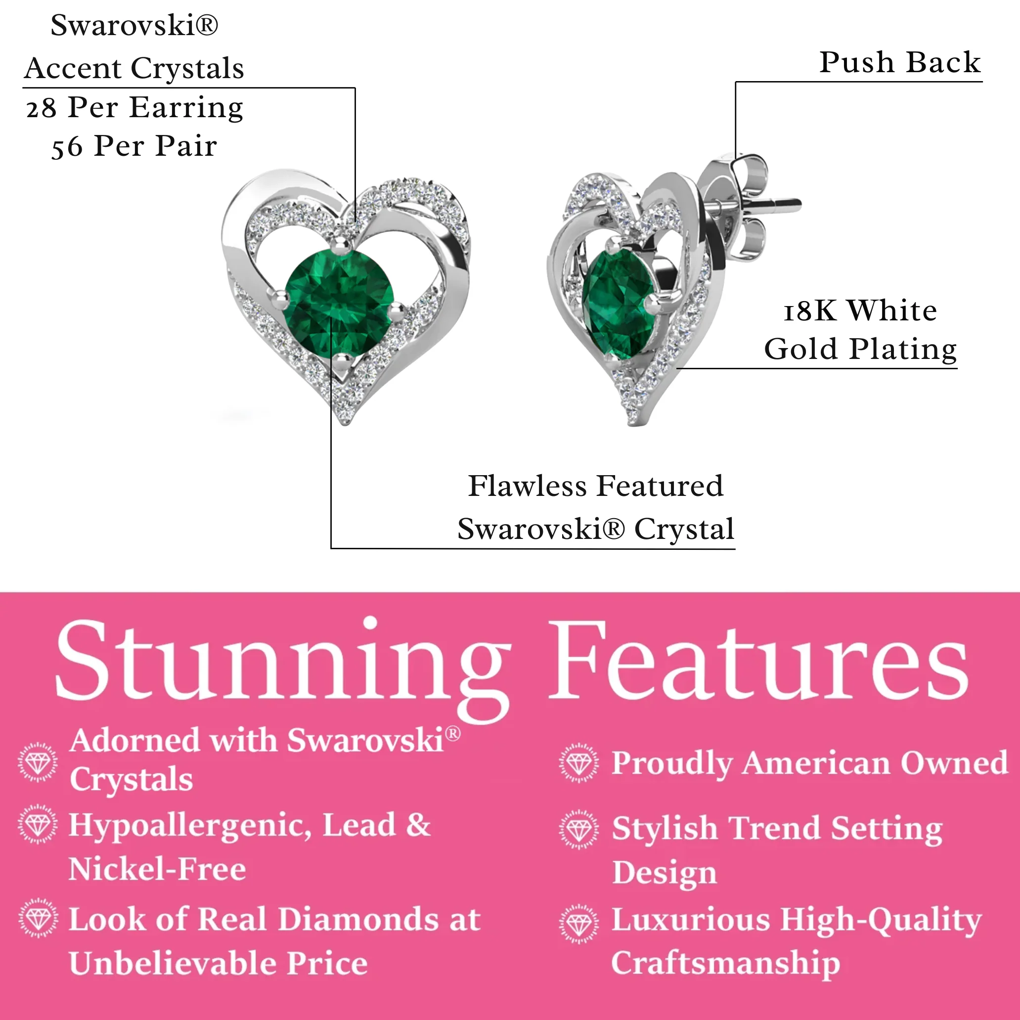 Forever Birthstone 18k White Gold Plated Double Heart Stud Earrings with Swarovski Crystals - Image 18