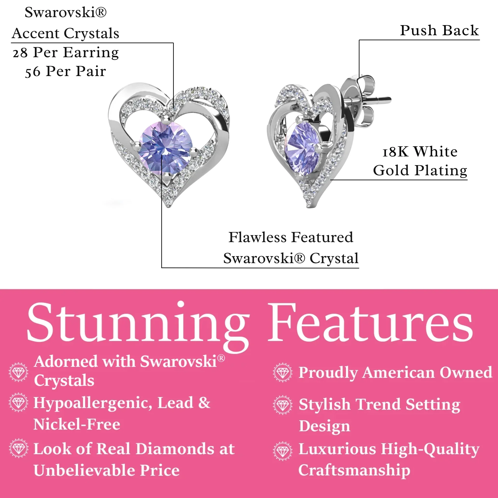 Forever Birthstone 18k White Gold Plated Double Heart Stud Earrings with Swarovski Crystals - Image 21