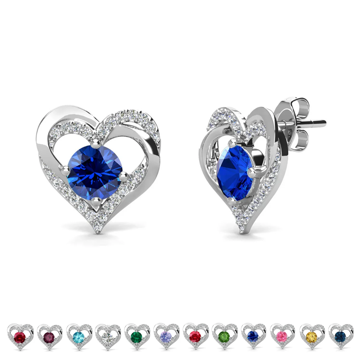 Forever Birthstone 18k White Gold Plated Double Heart Stud Earrings with Swarovski Crystals - Image 29