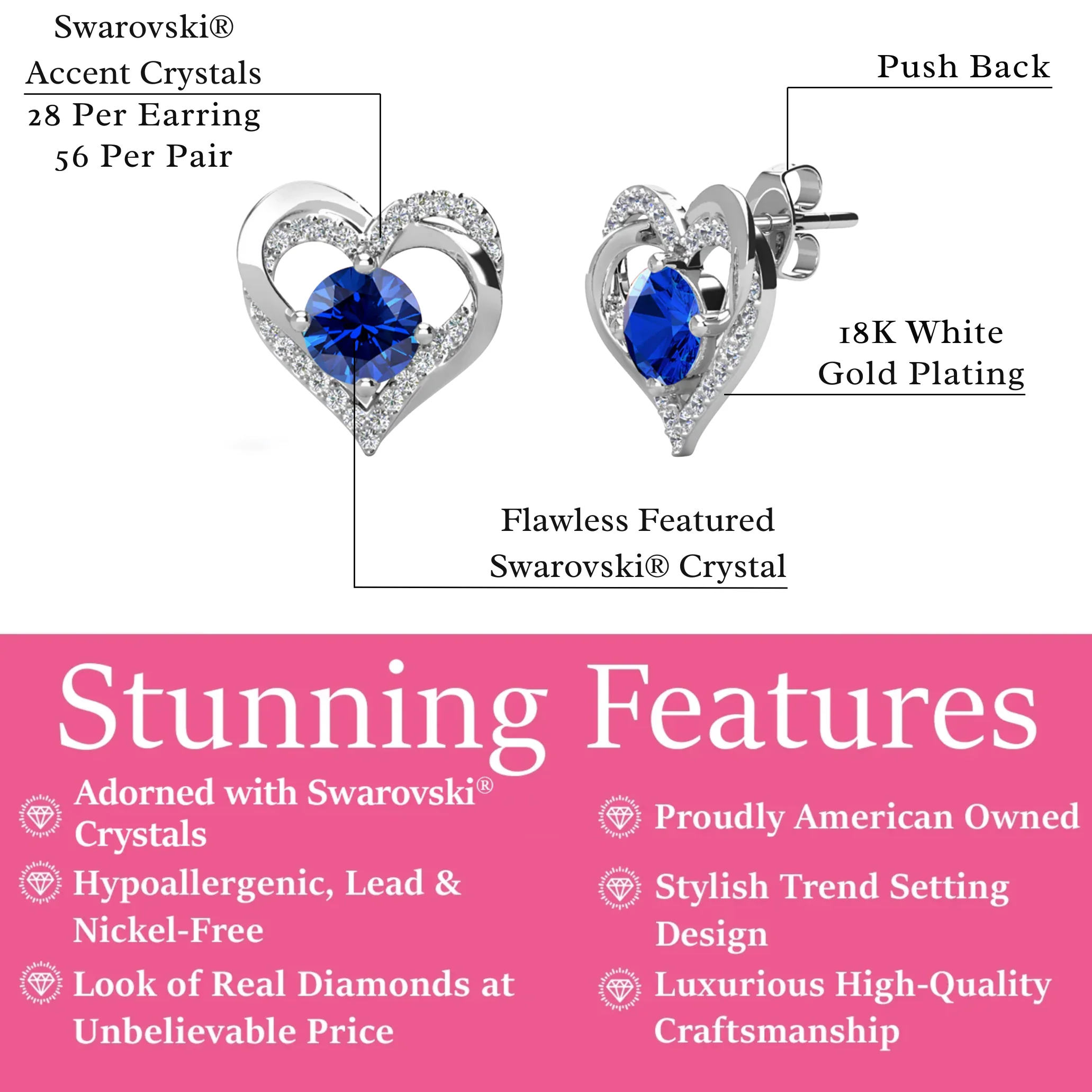 Forever Birthstone 18k White Gold Plated Double Heart Stud Earrings with Swarovski Crystals - Image 30