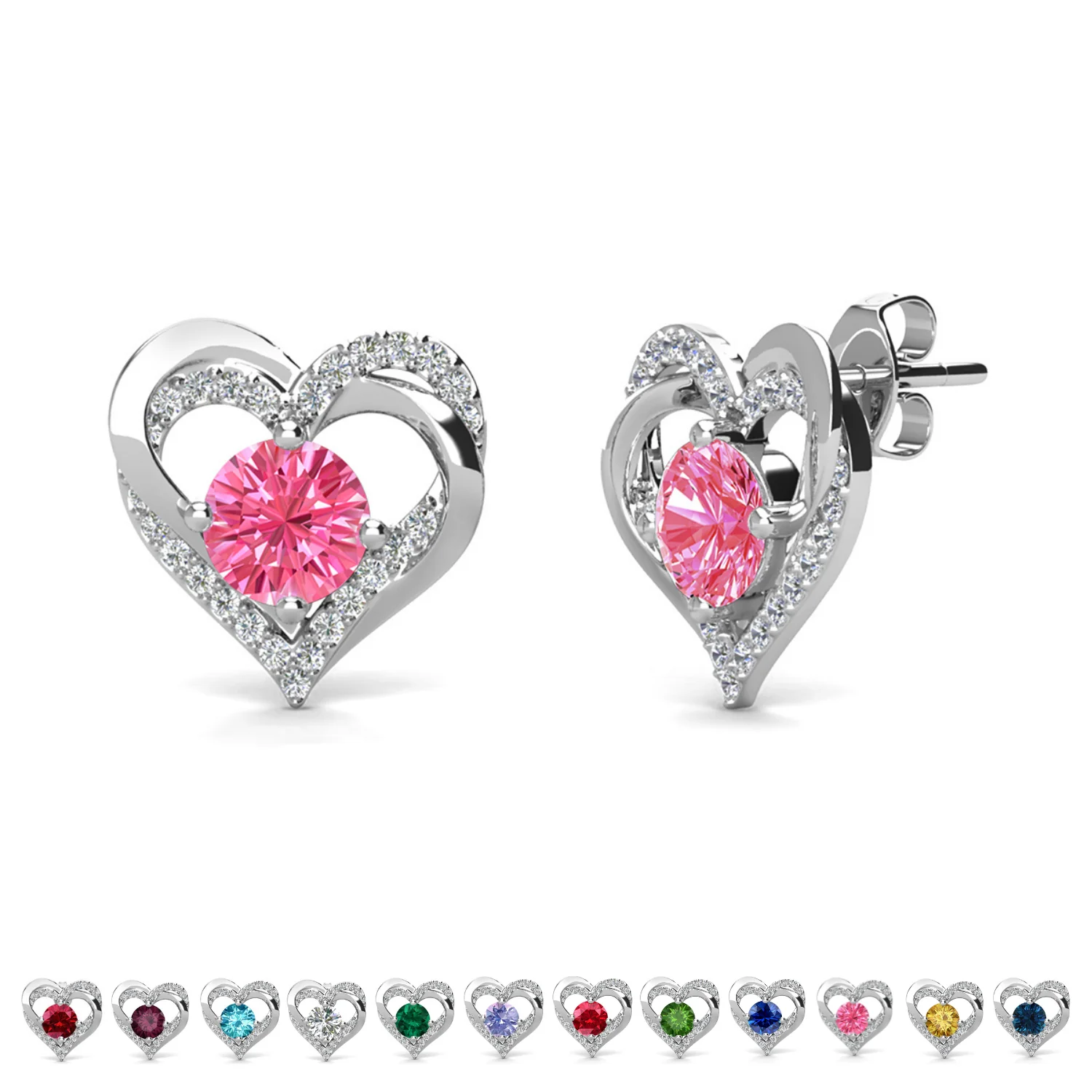 Forever Birthstone 18k White Gold Plated Double Heart Stud Earrings with Swarovski Crystals - Image 32