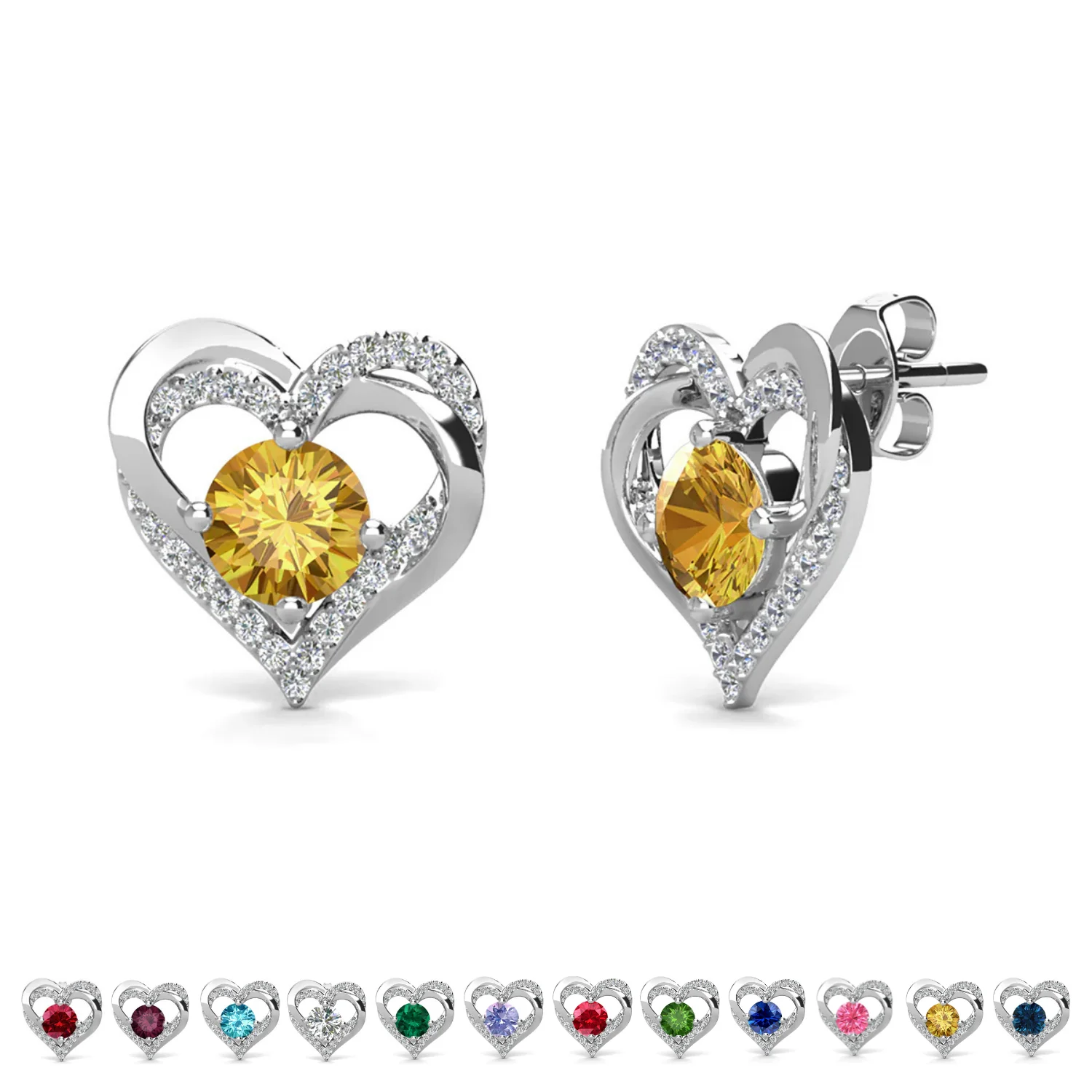 Forever Birthstone 18k White Gold Plated Double Heart Stud Earrings with Swarovski Crystals - Image 35