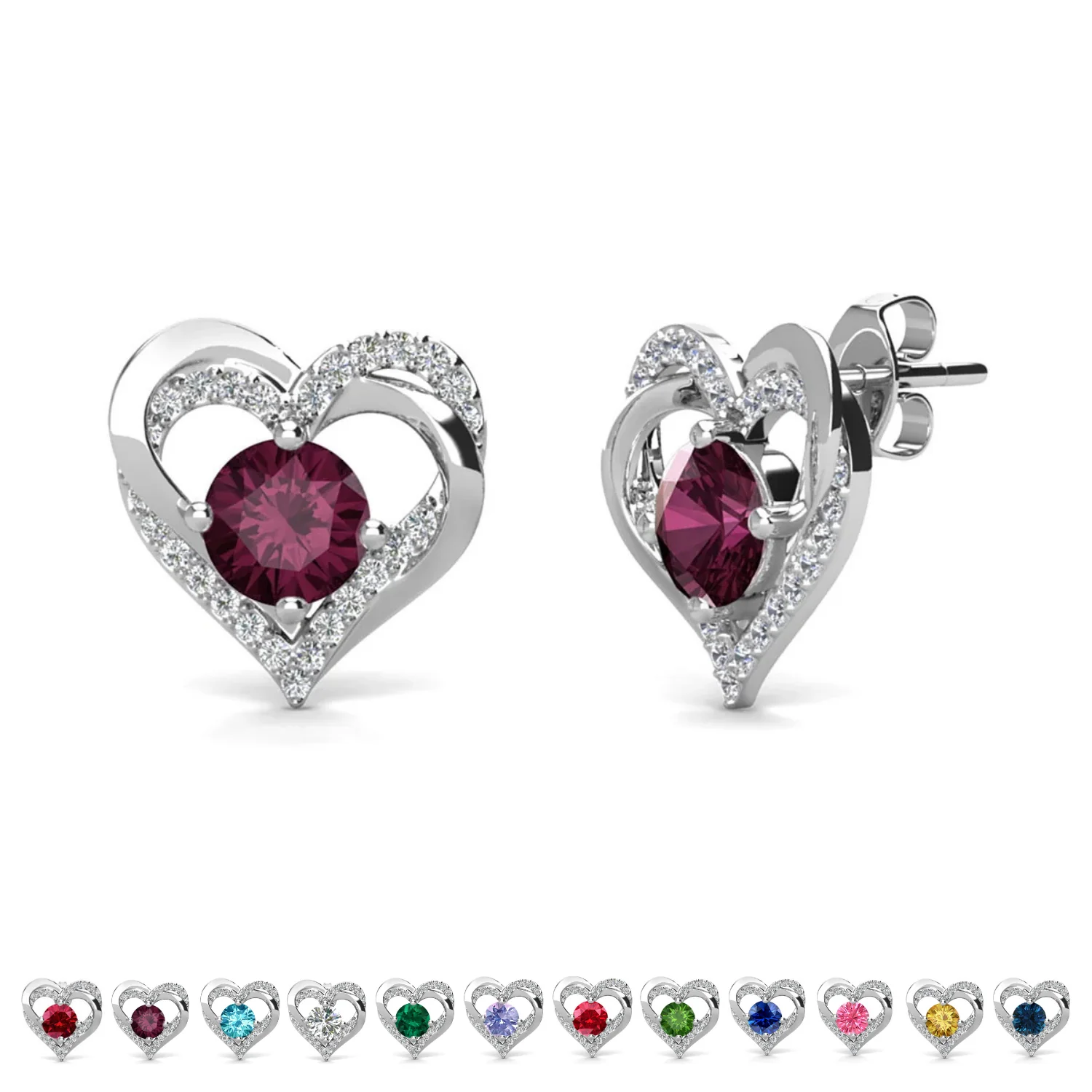 Forever Birthstone 18k White Gold Plated Double Heart Stud Earrings with Swarovski Crystals - Image 8