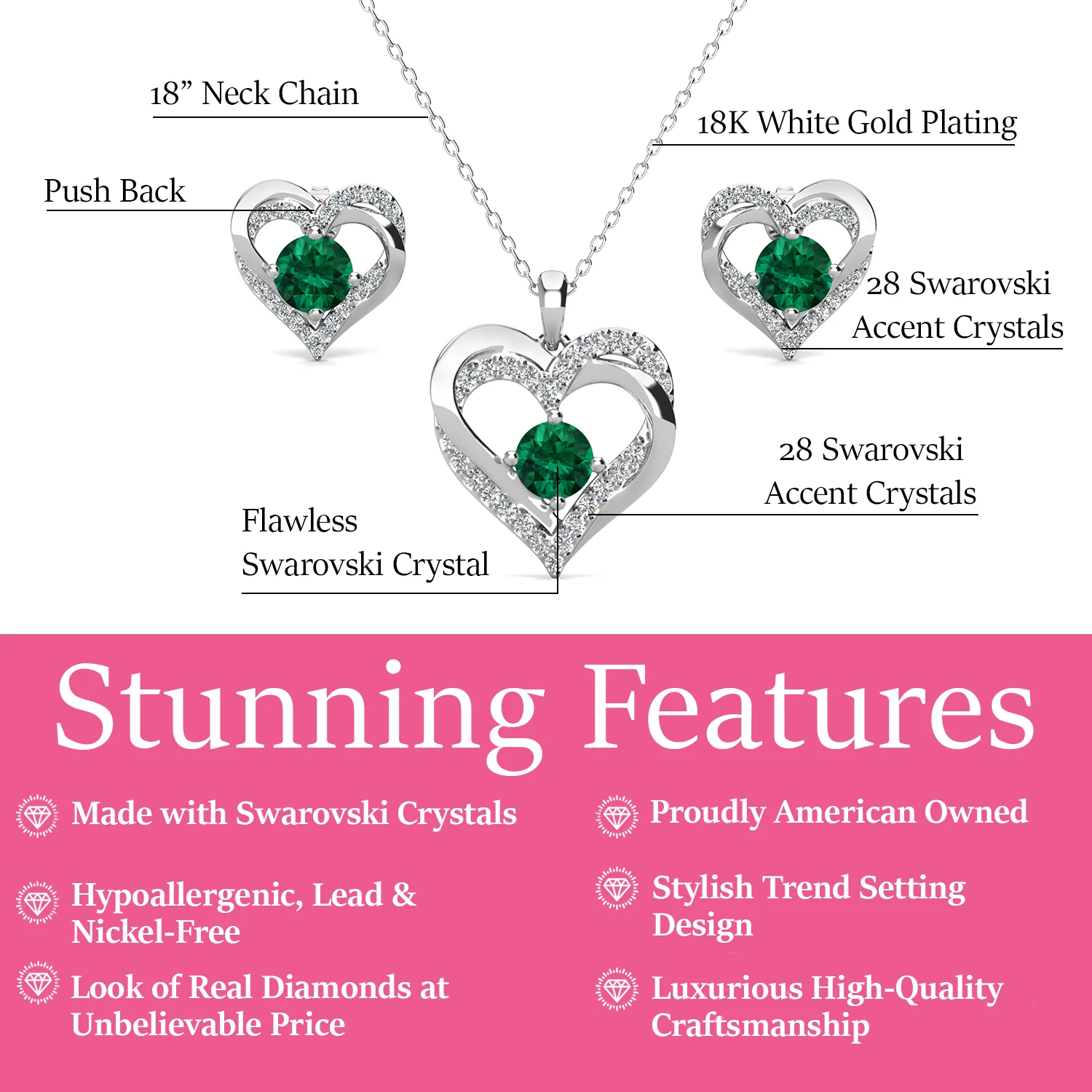 Forever Birthstone 18k White Gold Plated Silver Double Heart Earrings and Necklace Set with Swarovski Crystals - Image 15