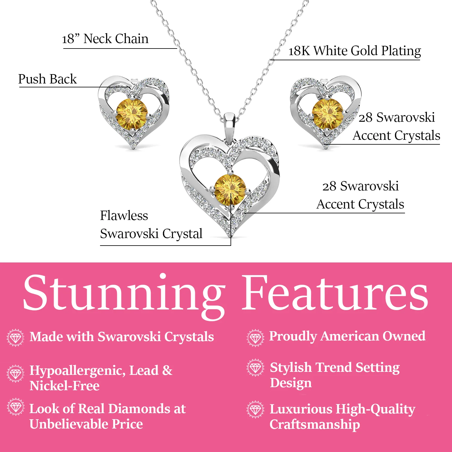 Forever Birthstone 18k White Gold Plated Silver Double Heart Earrings and Necklace Set with Swarovski Crystals - Image 27