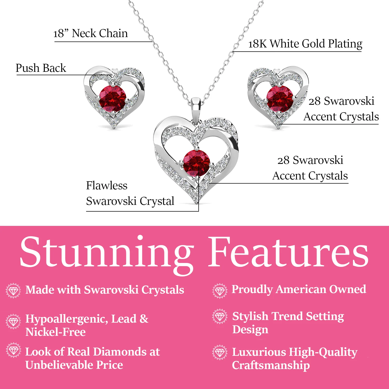 Forever Birthstone 18k White Gold Plated Silver Double Heart Earrings and Necklace Set with Swarovski Crystals - Image 3