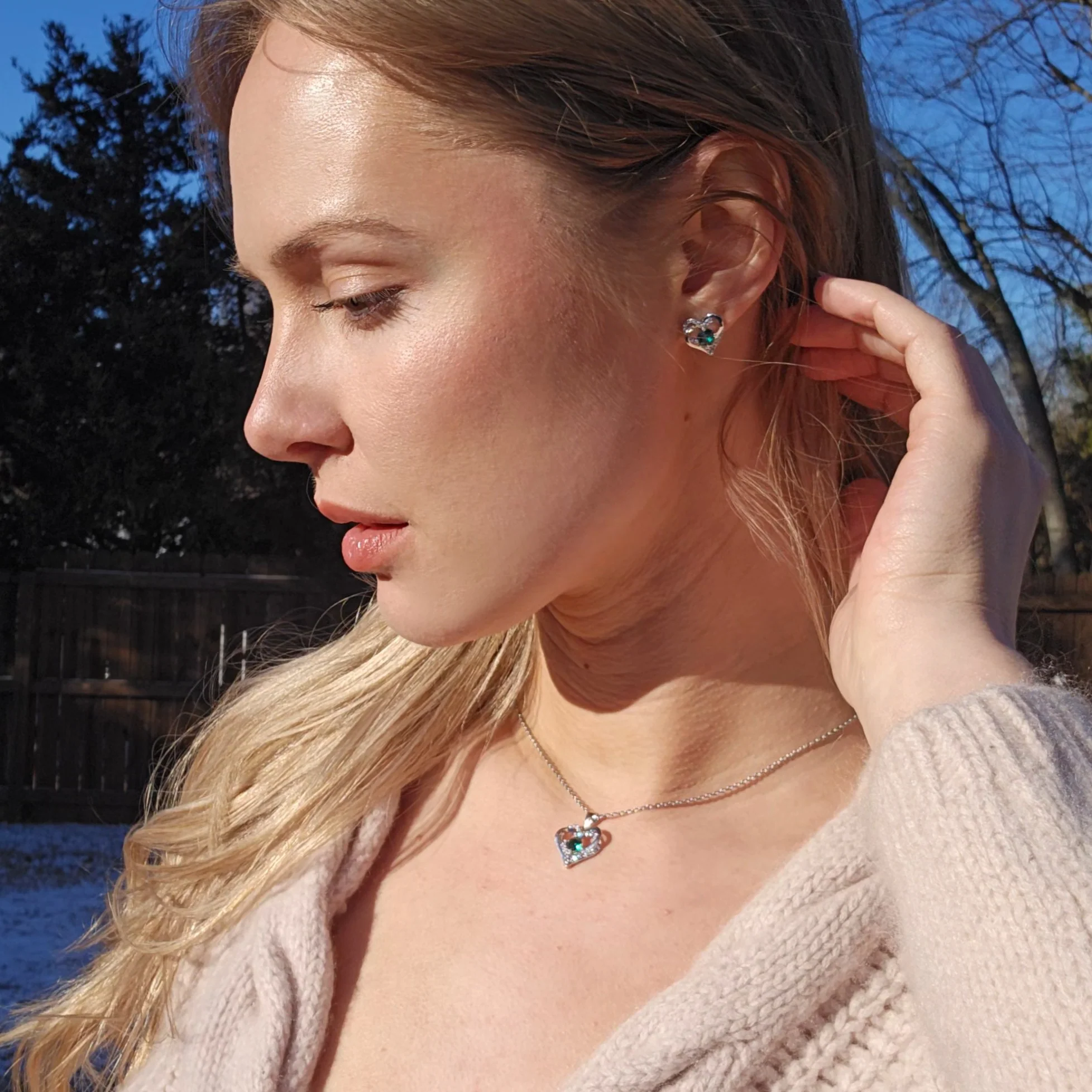 Forever Birthstone 18k White Gold Plated Silver Double Heart Earrings and Necklace Set with Swarovski Crystals - Image 7