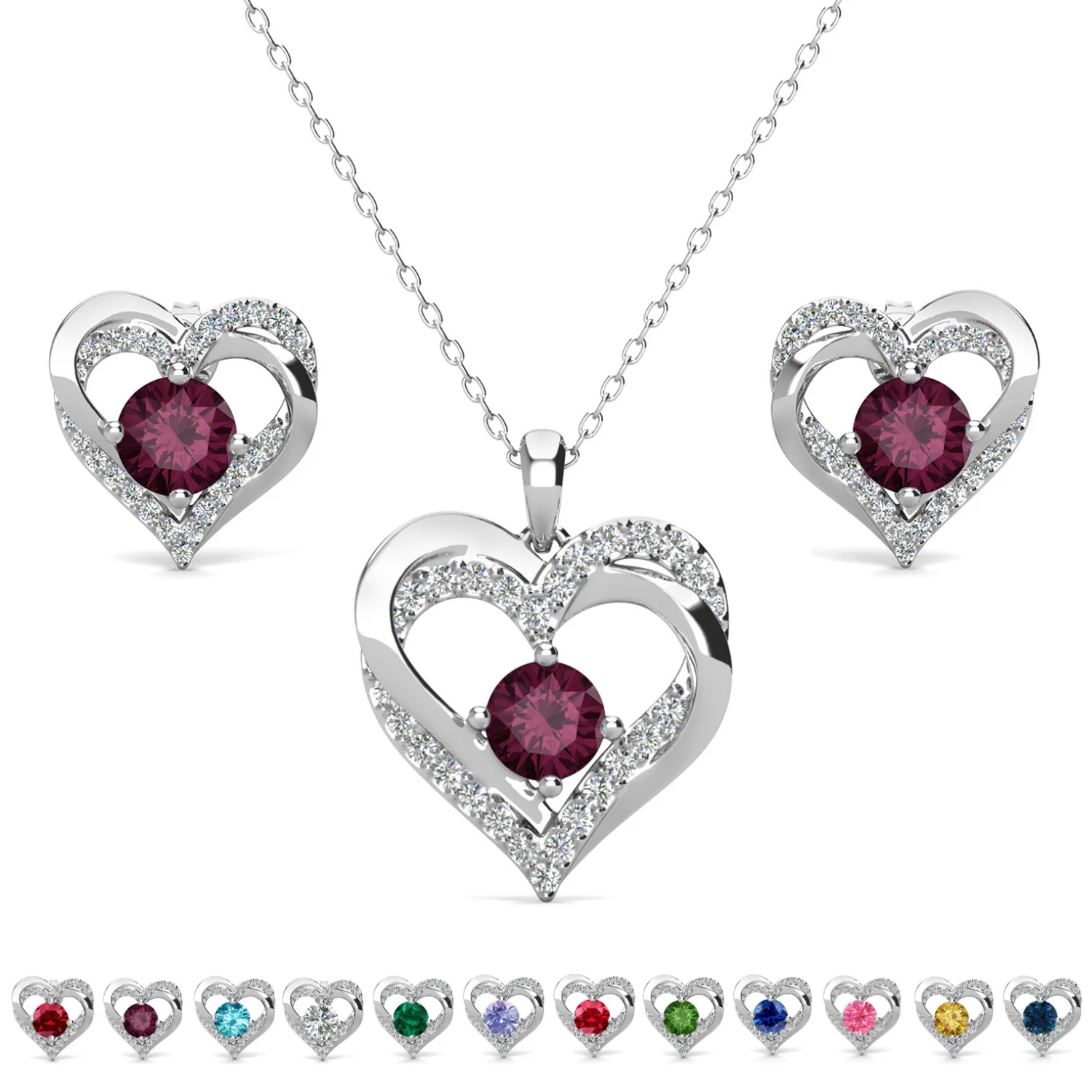 Forever Birthstone 18k White Gold Plated Silver Double Heart Earrings and Necklace Set with Swarovski Crystals - Image 8