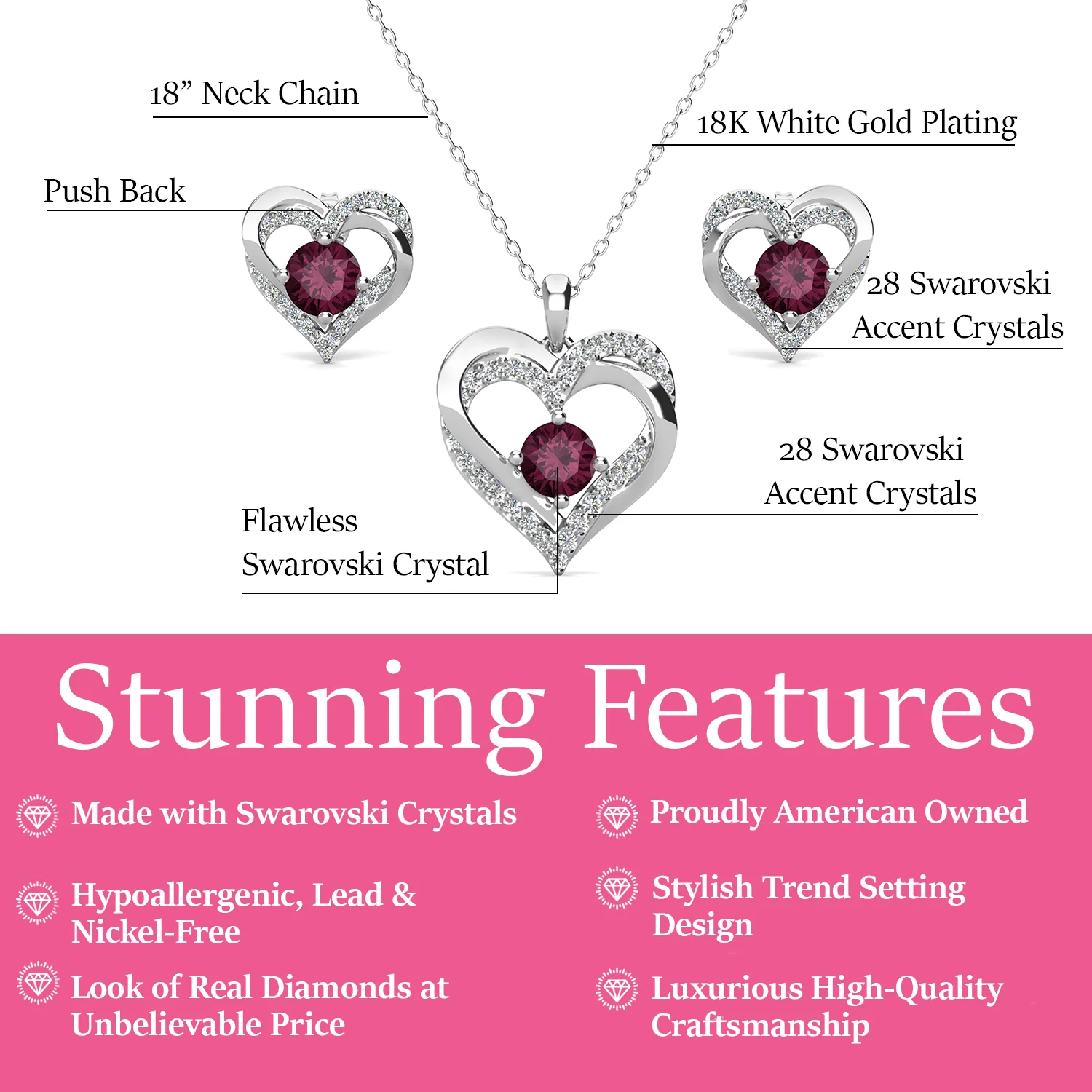 Forever Birthstone 18k White Gold Plated Silver Double Heart Earrings and Necklace Set with Swarovski Crystals - Image 9