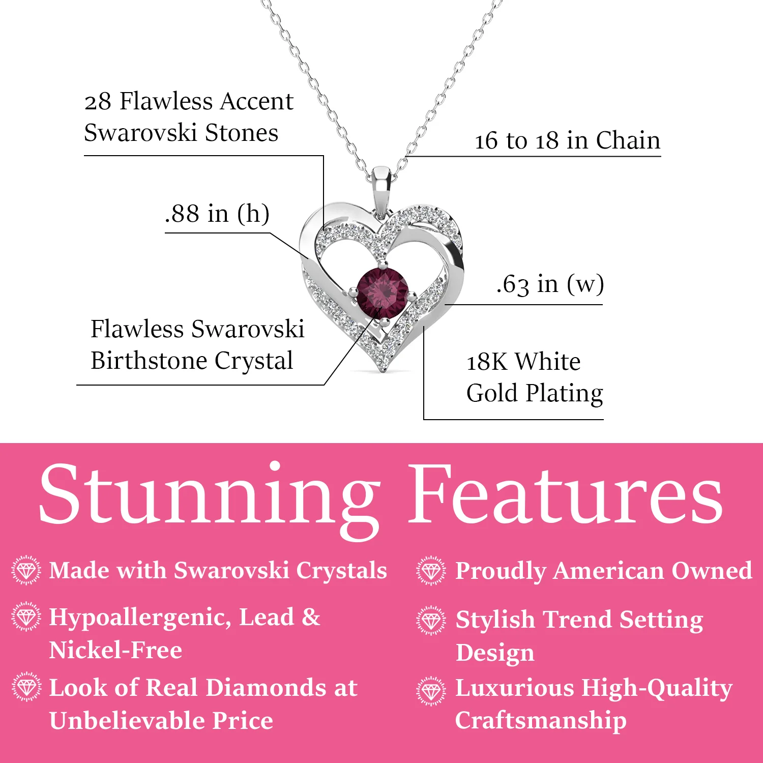 Forever February Birthstone 18k White Gold Plated Silver Double Heart Diamond Necklace with Swarovski Crystals - Image 2