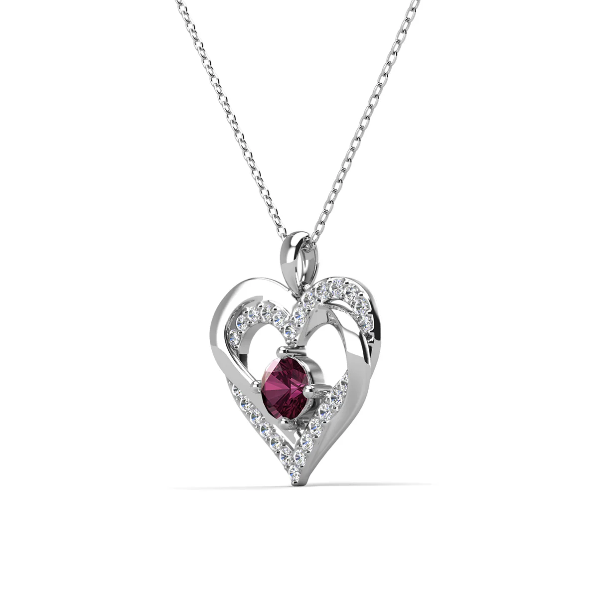 Forever February Birthstone 18k White Gold Plated Silver Double Heart Diamond Necklace with Swarovski Crystals - Image 4