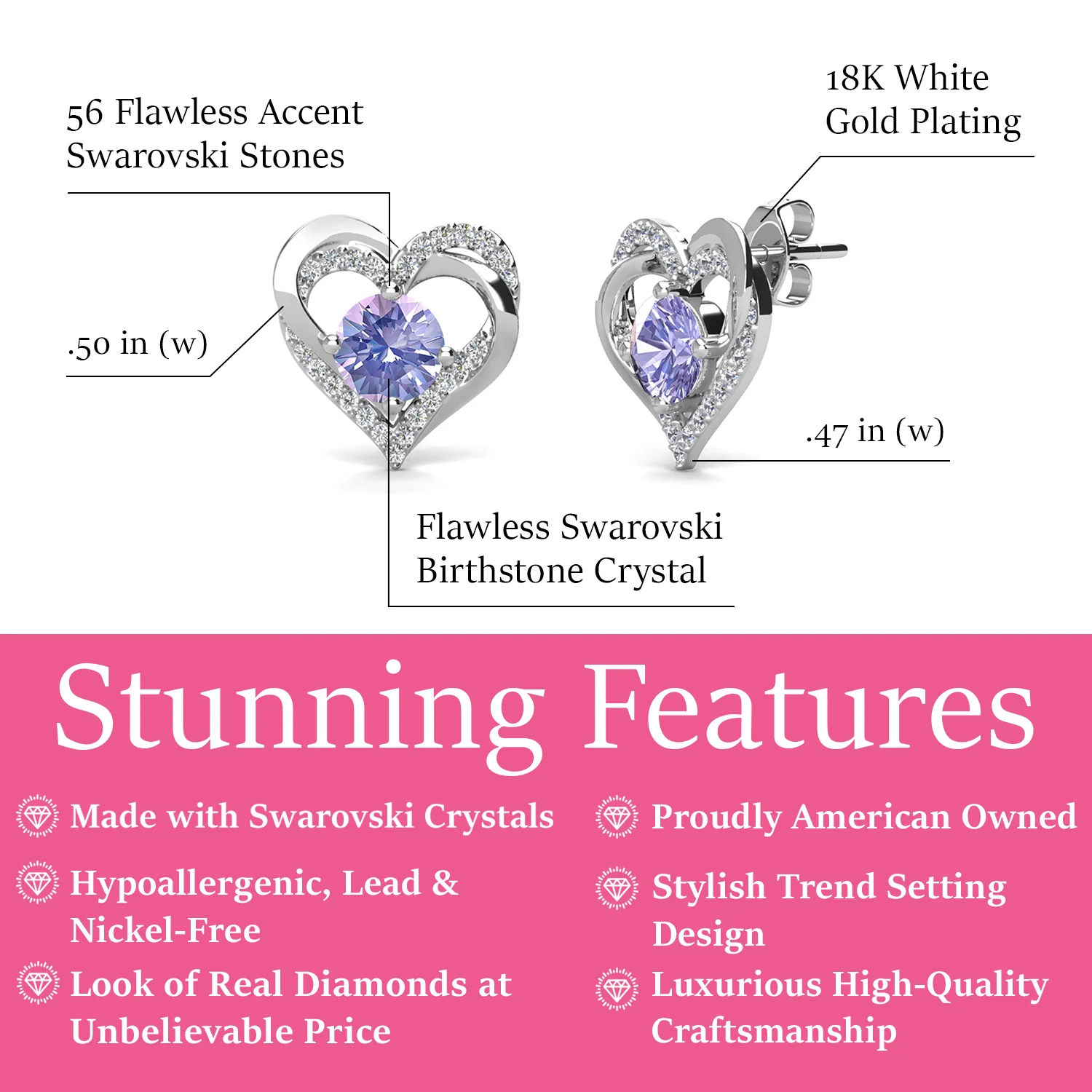 Forever June Birthstone Diamond 18k White Gold Plated Silver Double Heart Earrings with Swarovski Crystals - Image 2