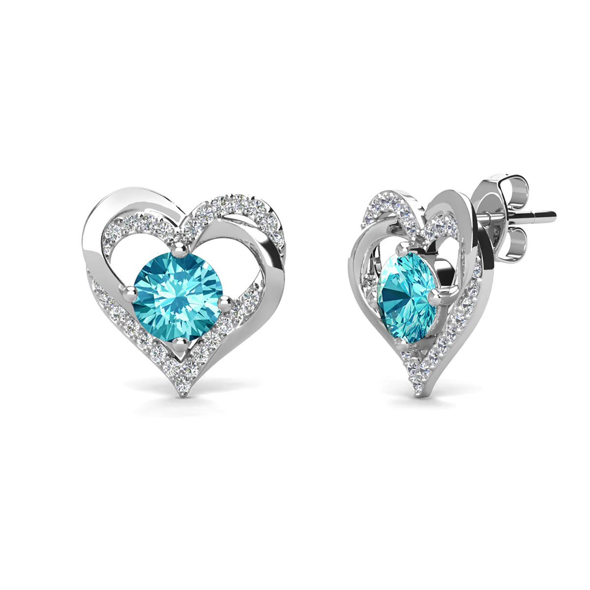 Forever March Birthstone Diamond 18k White Gold Plated Silver Double Heart Earrings with Swarovski Crystals - Image 4