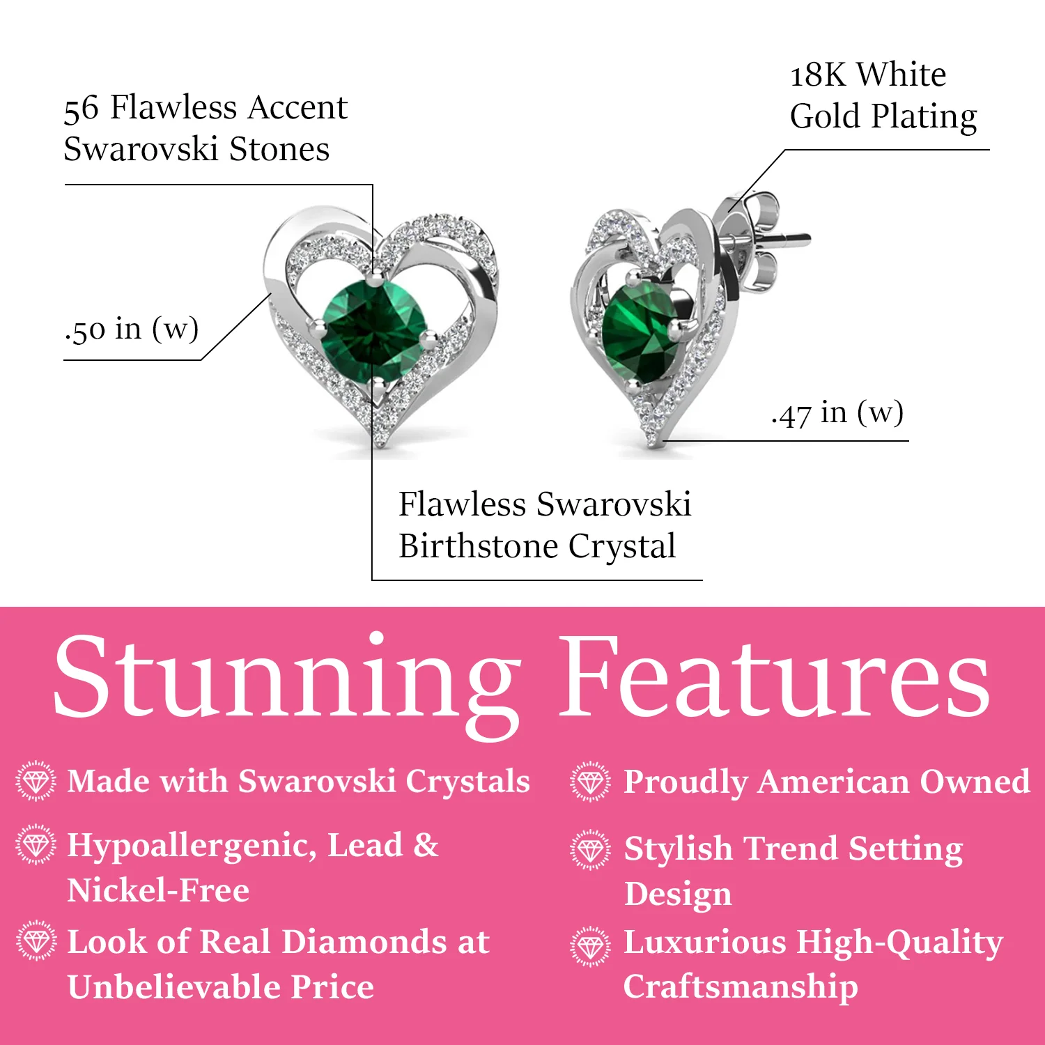 Forever May Birthstone Diamond 18k White Gold Plated Silver Double Heart Earrings with Swarovski Crystals - Image 3