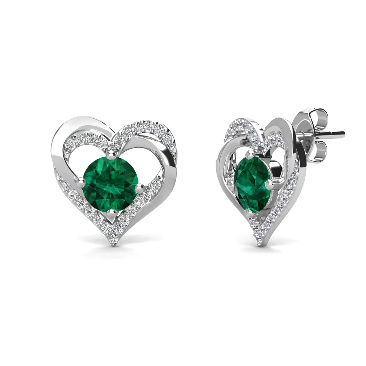 Forever May Birthstone Diamond 18k White Gold Plated Silver Double Heart Earrings with Swarovski Crystals - Image 5
