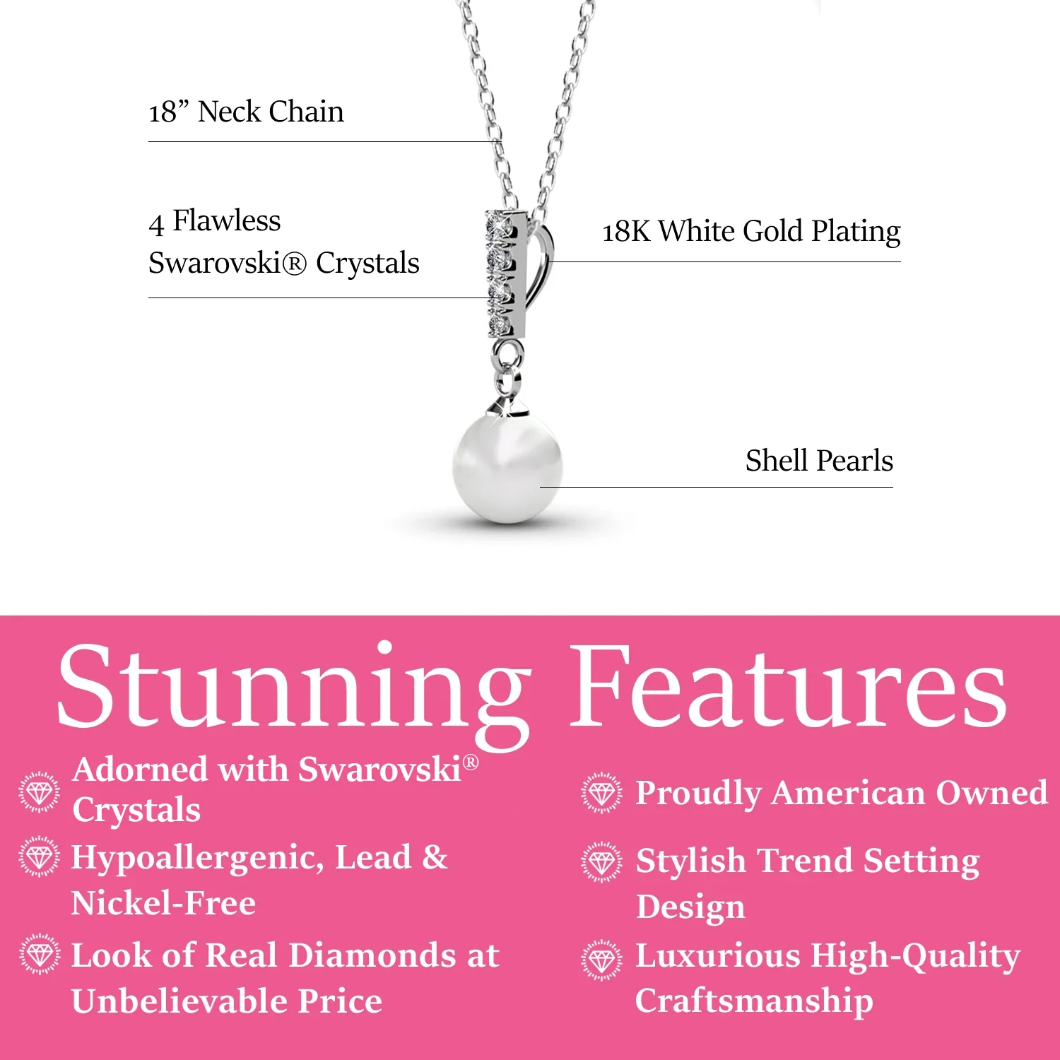 Gabrielle 18k White Gold Pearl Drop Pendant Necklace with Swarovski Crystals - Image 3