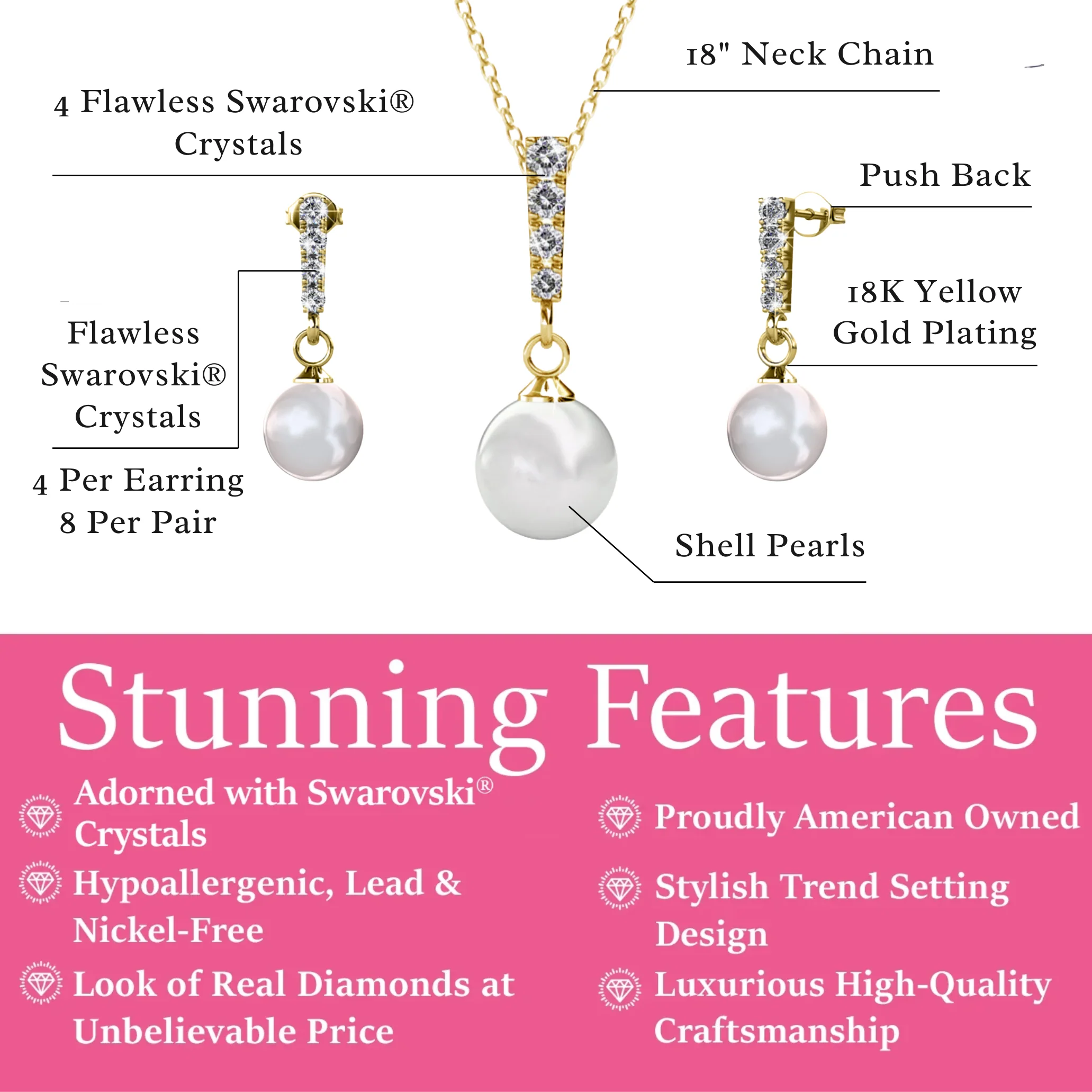 Gabrielle 18k White Gold Plated Pearl Drop Earrings and Necklace Jewelry Set with Swarovski Crystals - Image 10