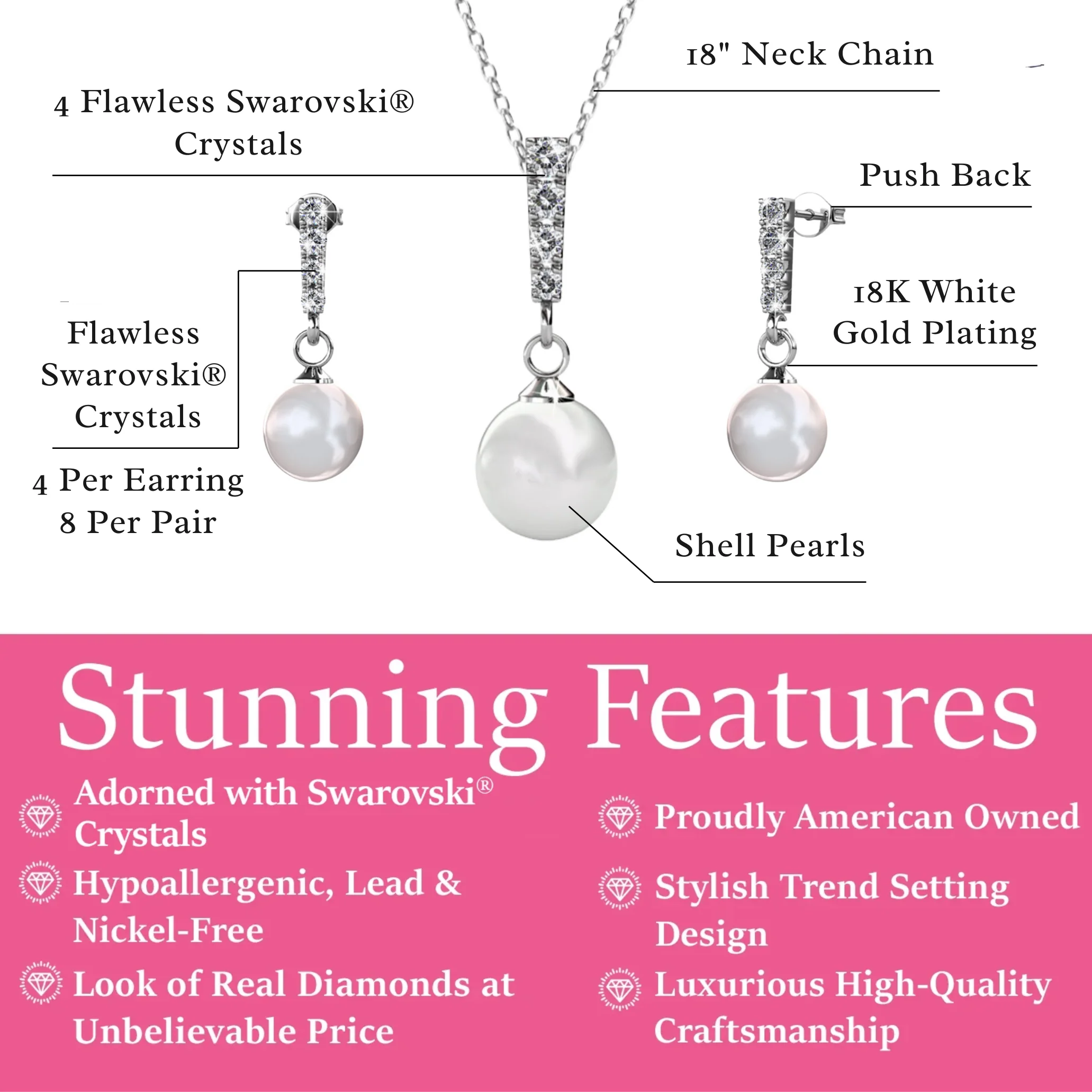Gabrielle 18k White Gold Plated Pearl Drop Earrings and Necklace Jewelry Set with Swarovski Crystals - Image 3