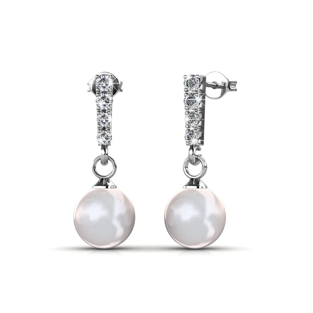 Gabrielle 18k White Gold Plated Pearl Drop Earrings and Necklace Jewelry Set with Swarovski Crystals - Image 7