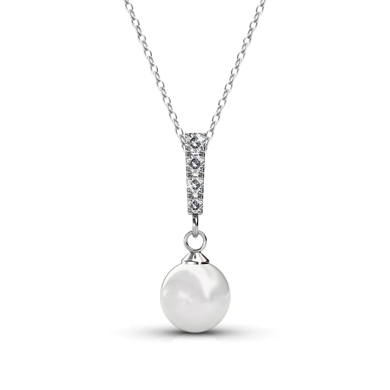 Gabrielle 18k White Gold Plated Pearl Drop Earrings and Necklace Jewelry Set with Swarovski Crystals - Image 8