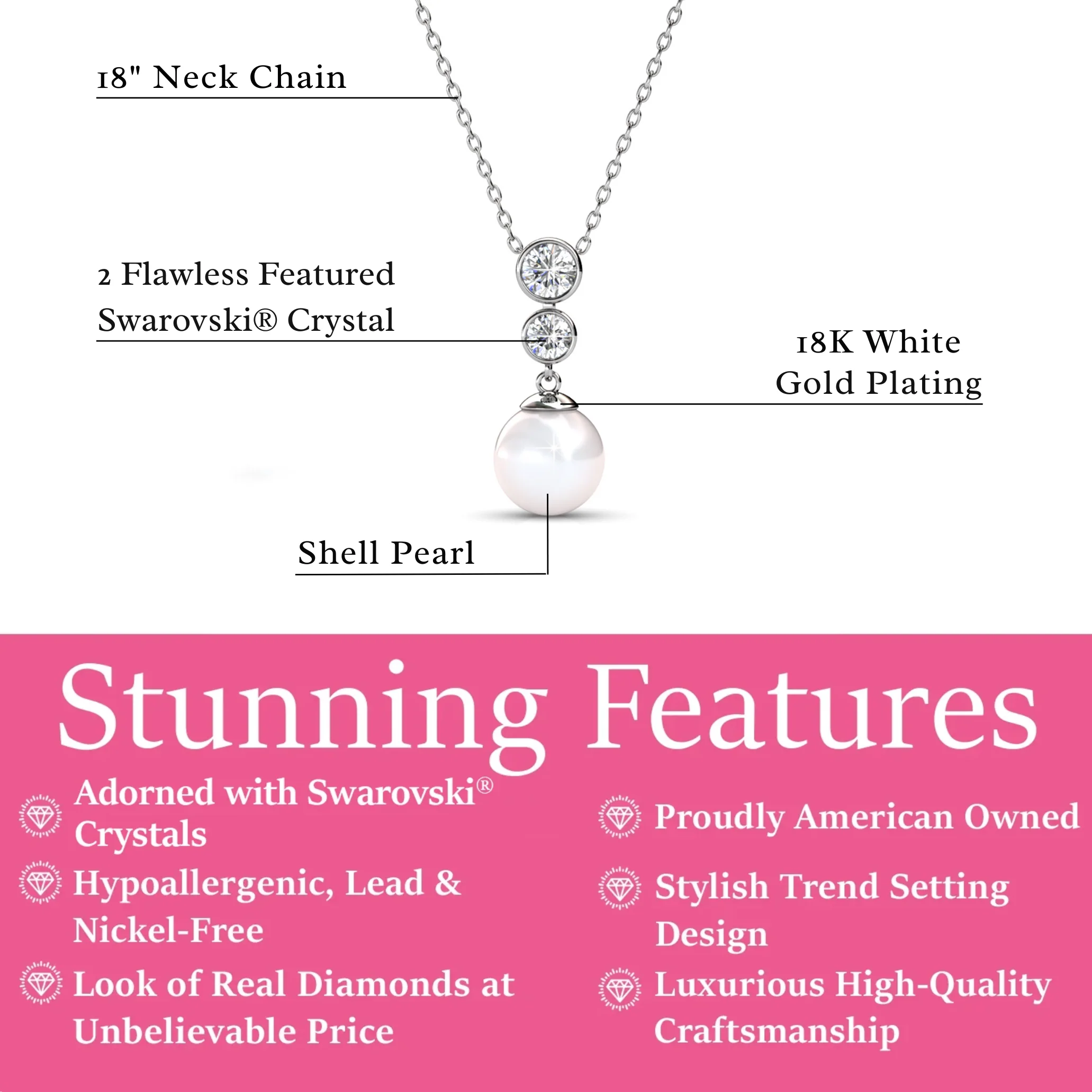 Genevieve 18k White Gold Plated Pearl Pendant Necklace with Swarovski Crystals - Image 3