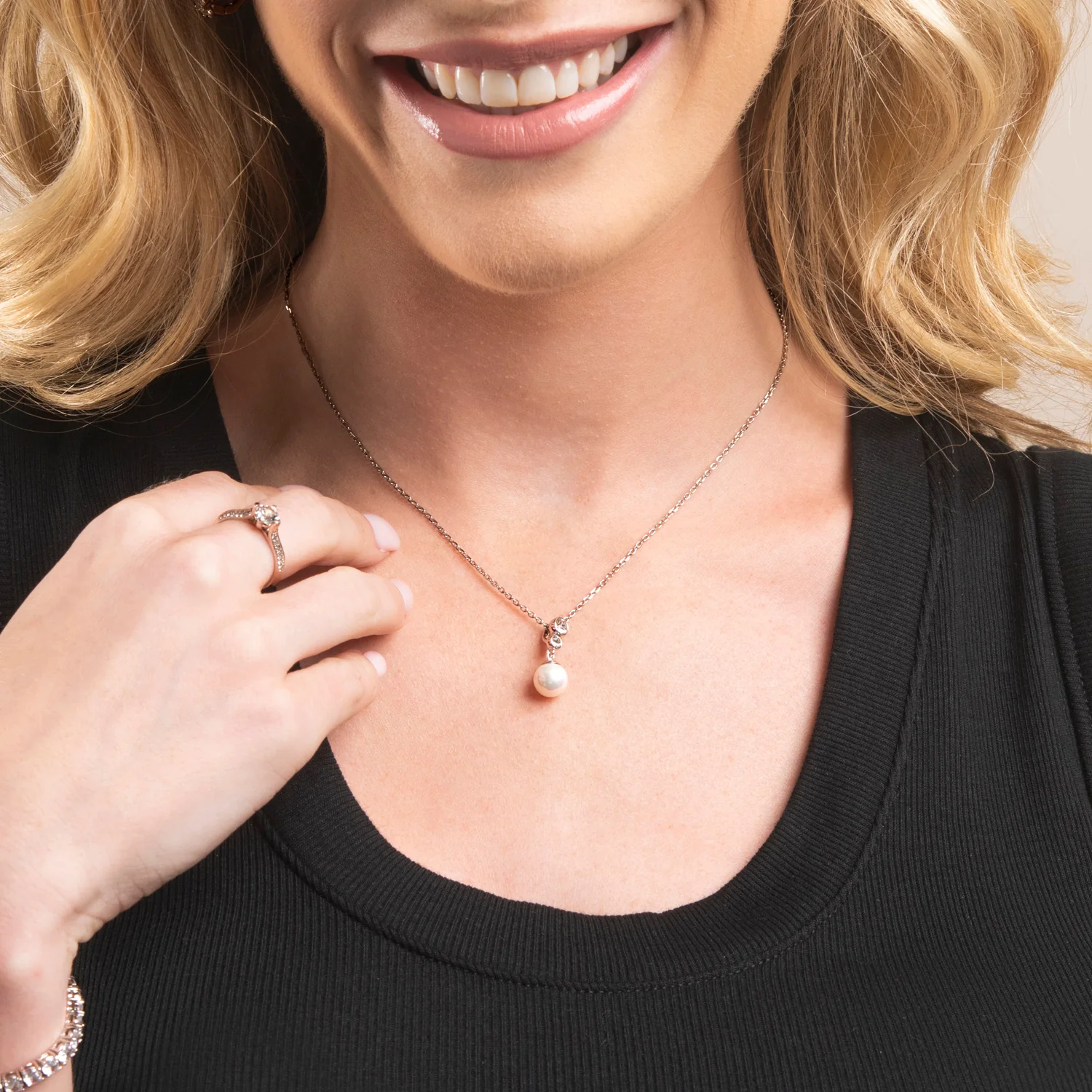 Genevieve 18k White Gold Plated Pearl Pendant Necklace with Swarovski Crystals - Image 6