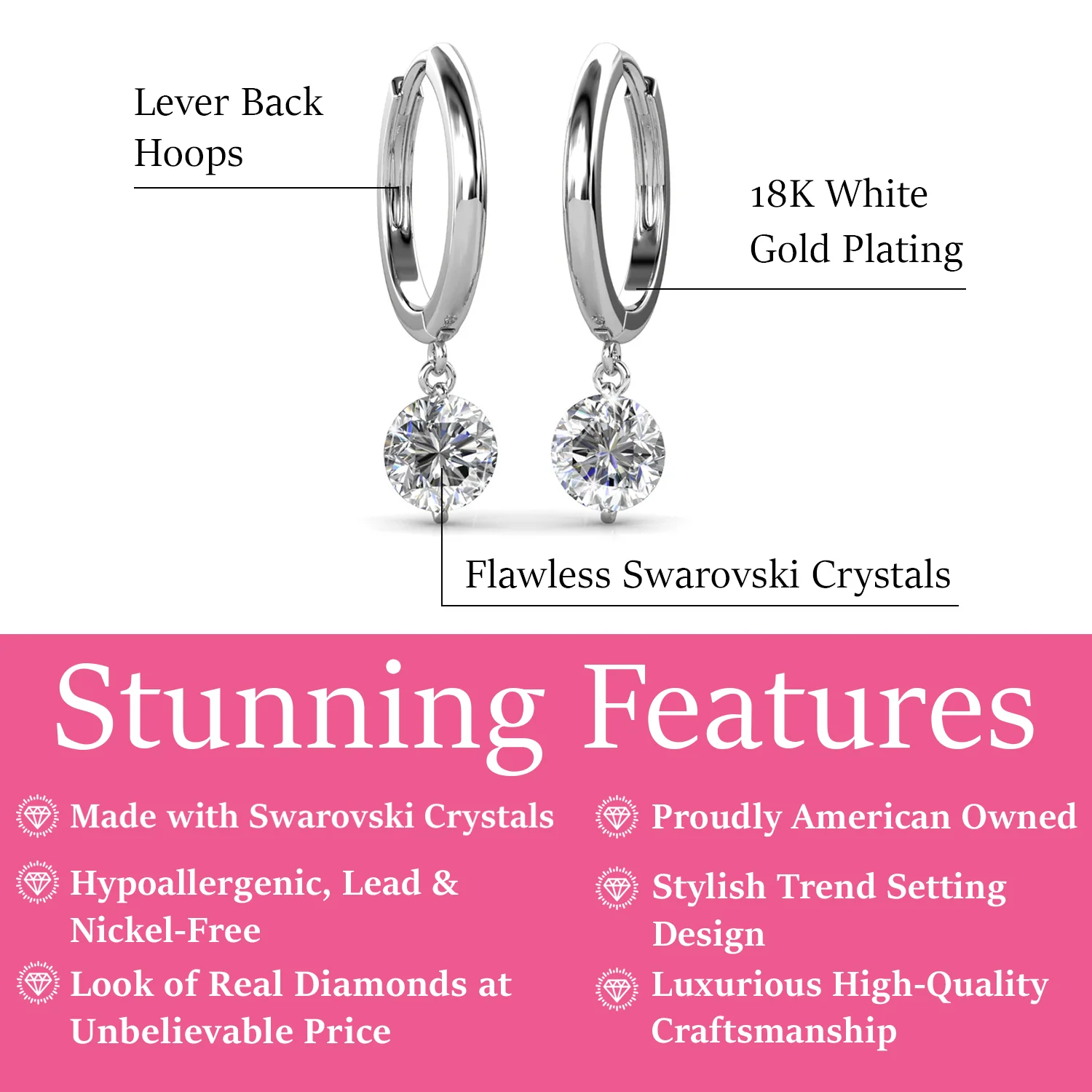 Georgia 18k White Gold Plated 14mm Hoop Dangle Earrings with Swarovski Crystals - Image 3
