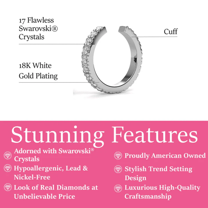 Gloria 18k White Gold Plated 10mm Hoop Ear Cuff with Swarovski Crystals - Image 3