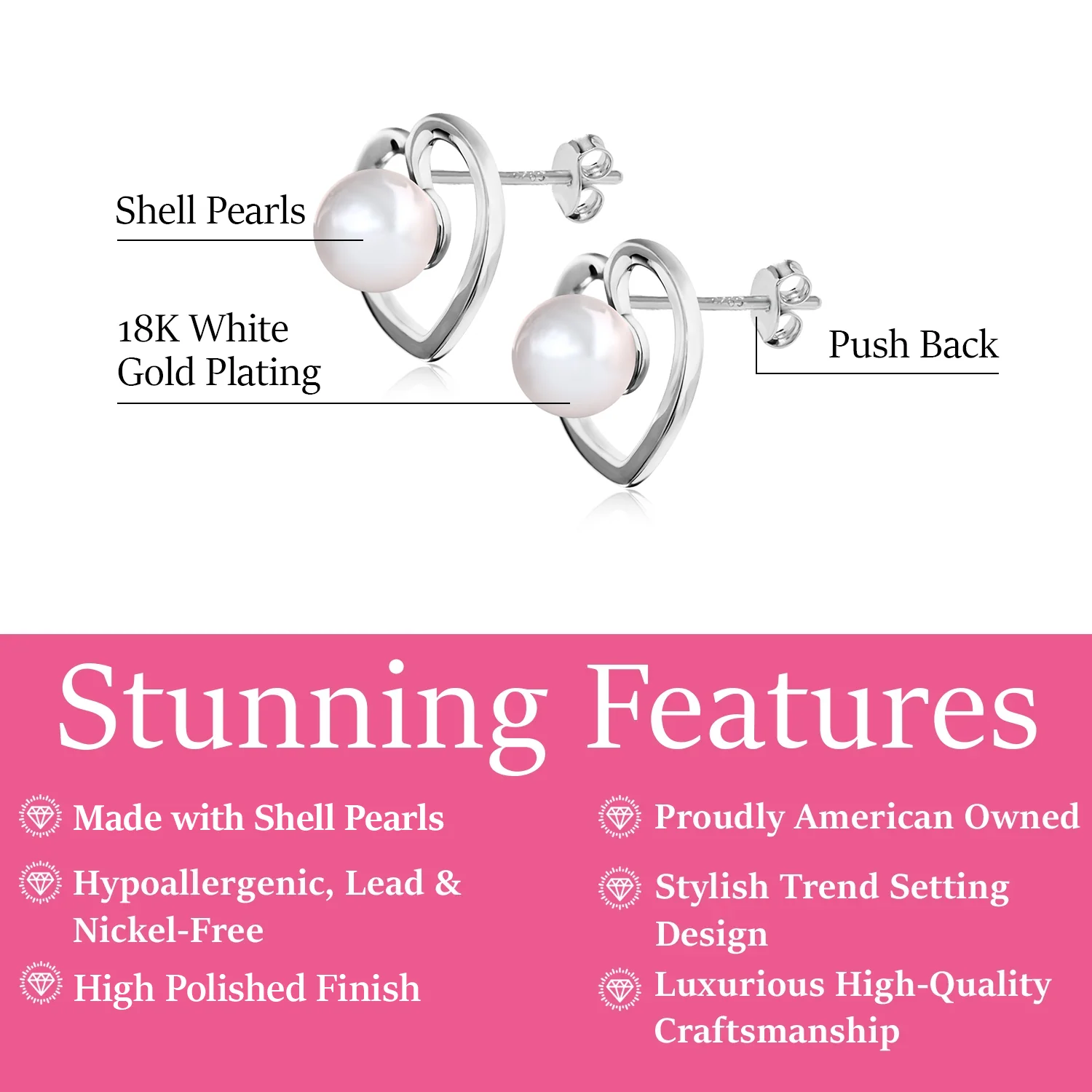 Harley 18k White Gold Plated Heart Stud Earrings with Shell Pearls - Image 3