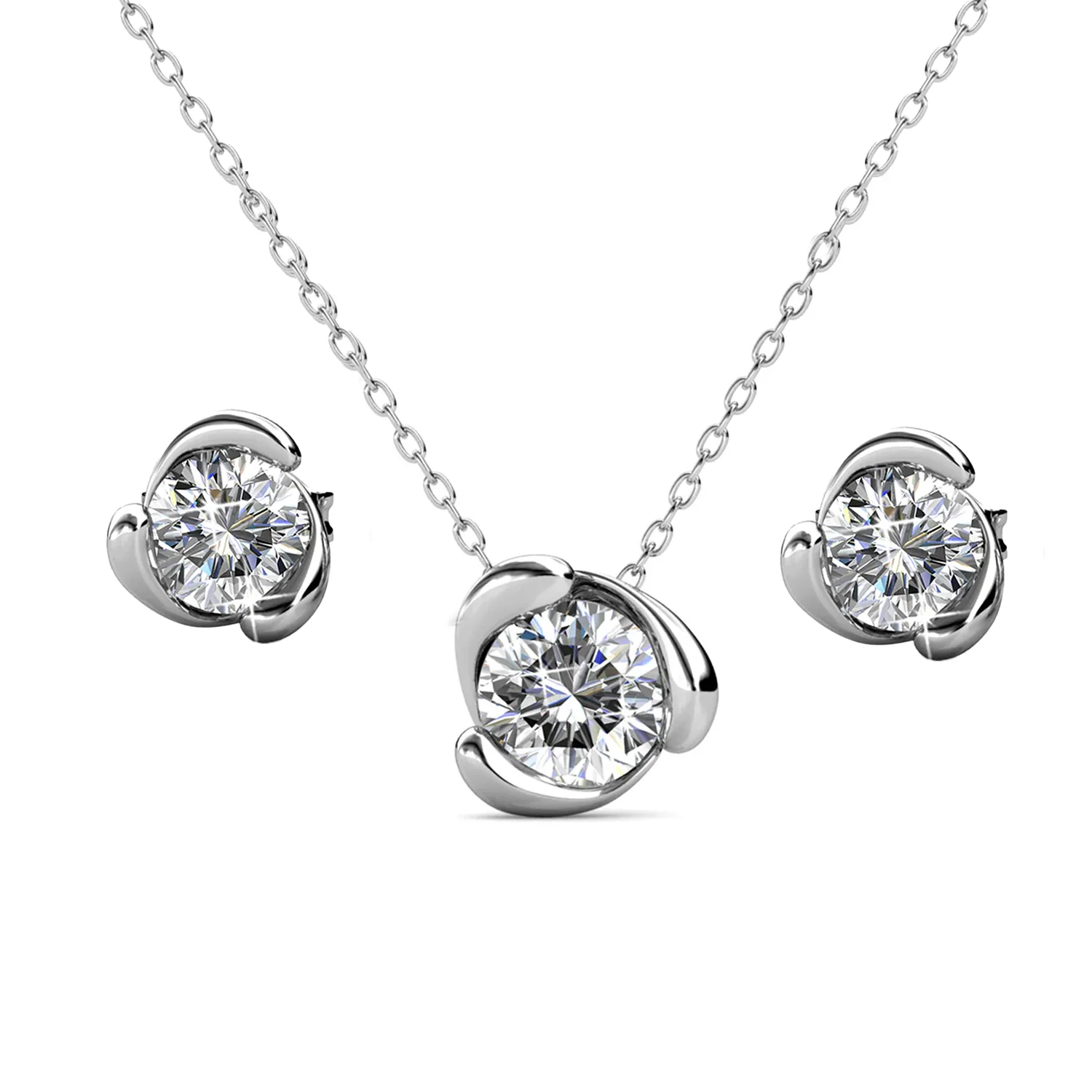 Harmony 18k White Gold Necklace and Stud Earrings Jewelry Set with Swarovski Crystals