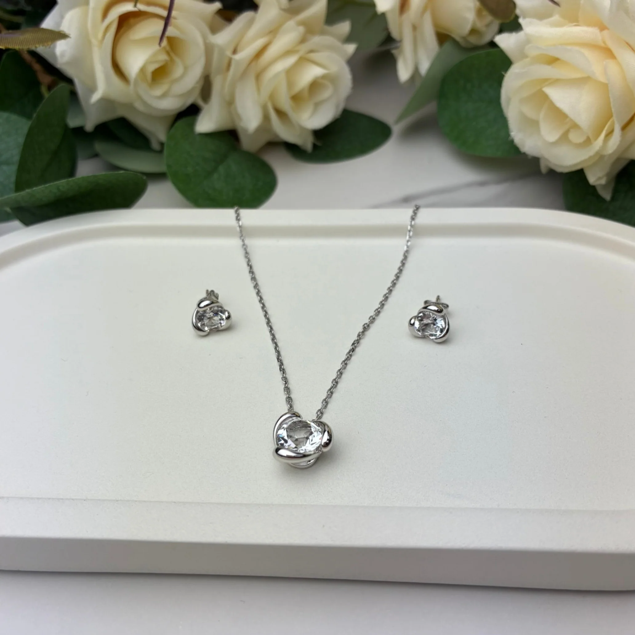Harmony 18k White Gold Necklace and Stud Earrings Jewelry Set with Swarovski Crystals - Image 6