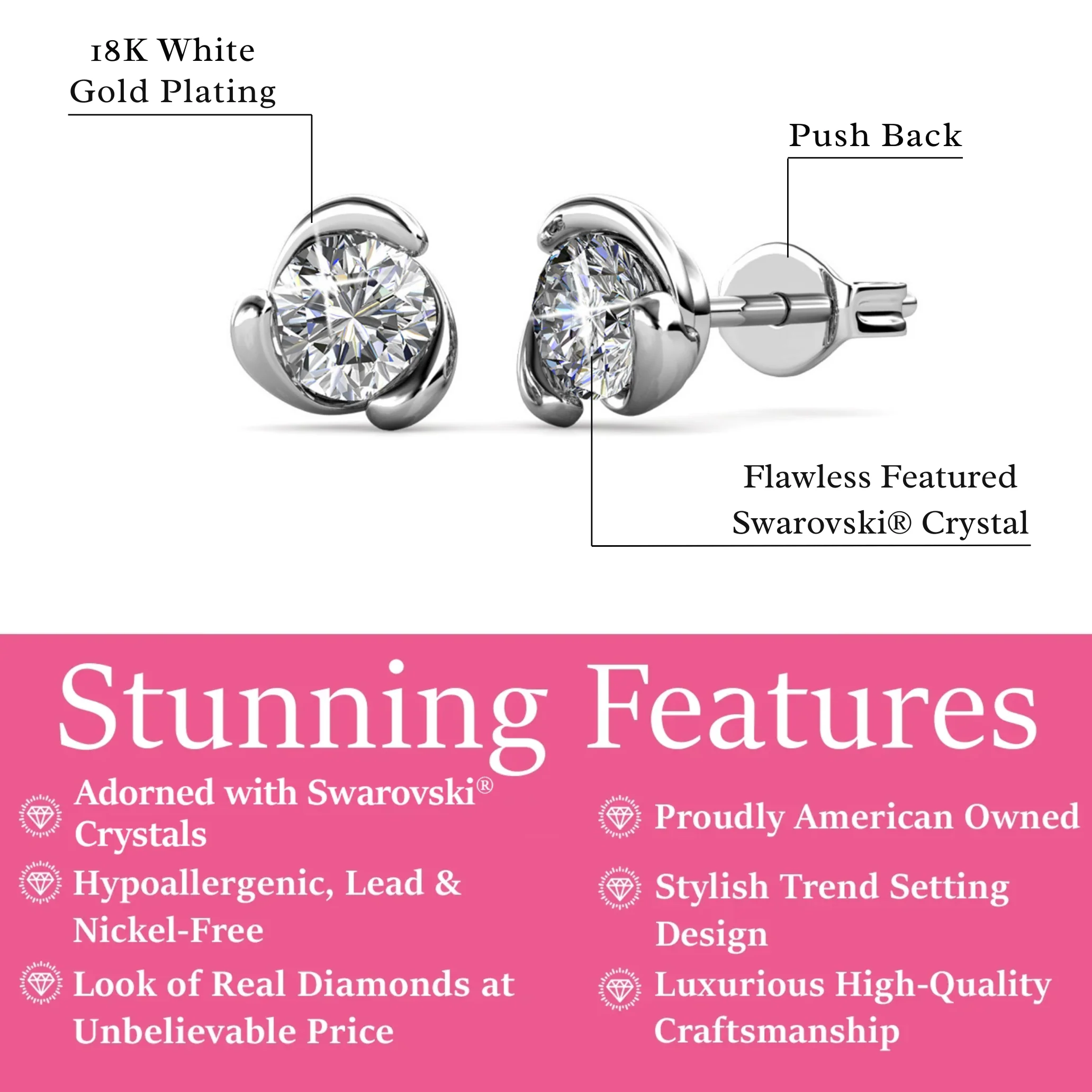 Harmony 18k White Gold Plated Stud Earrings with Round Swarovski Crystals - Image 3