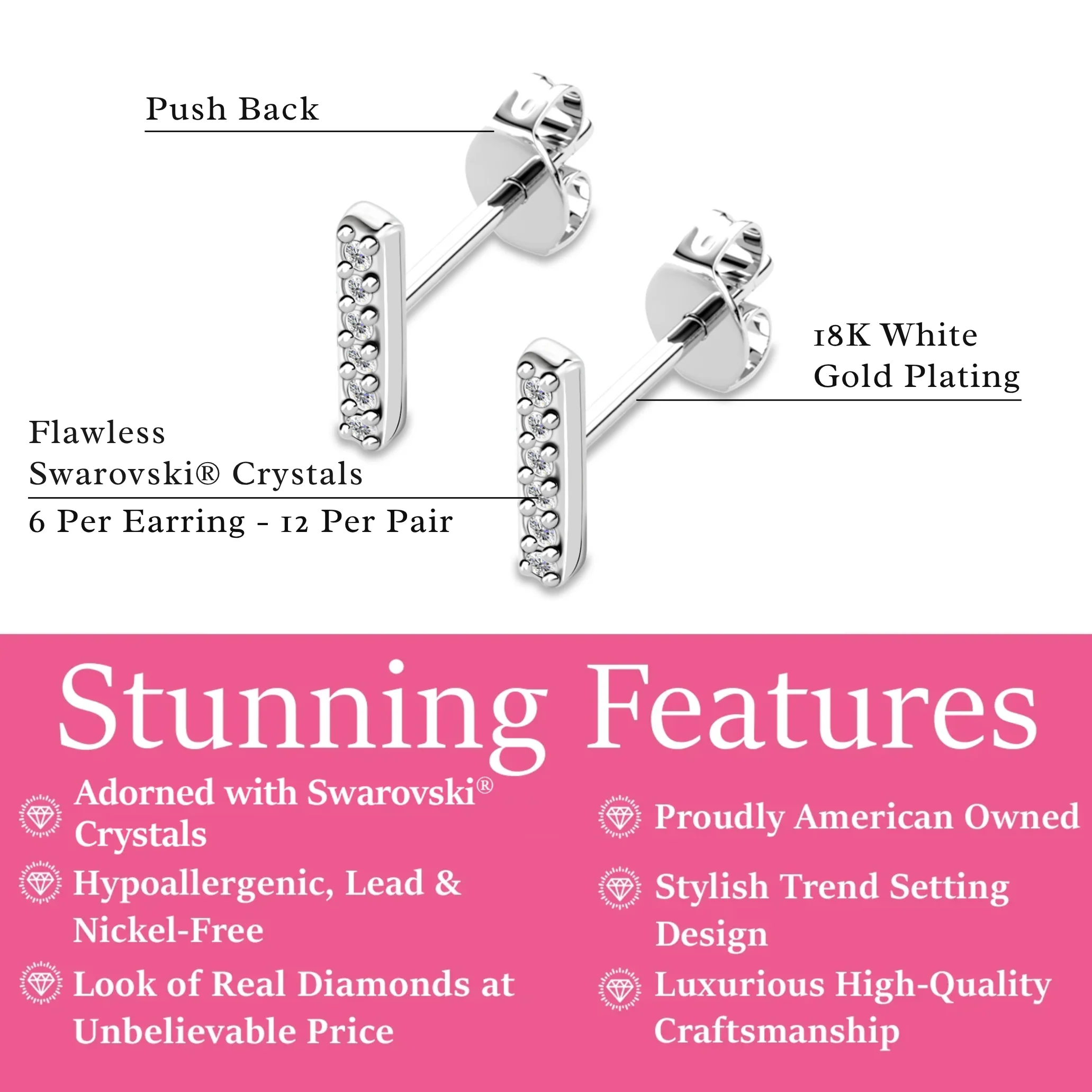 Hayden 18k White Gold Plated Linear Stud Earrings with Swarovski Crystals - Image 3