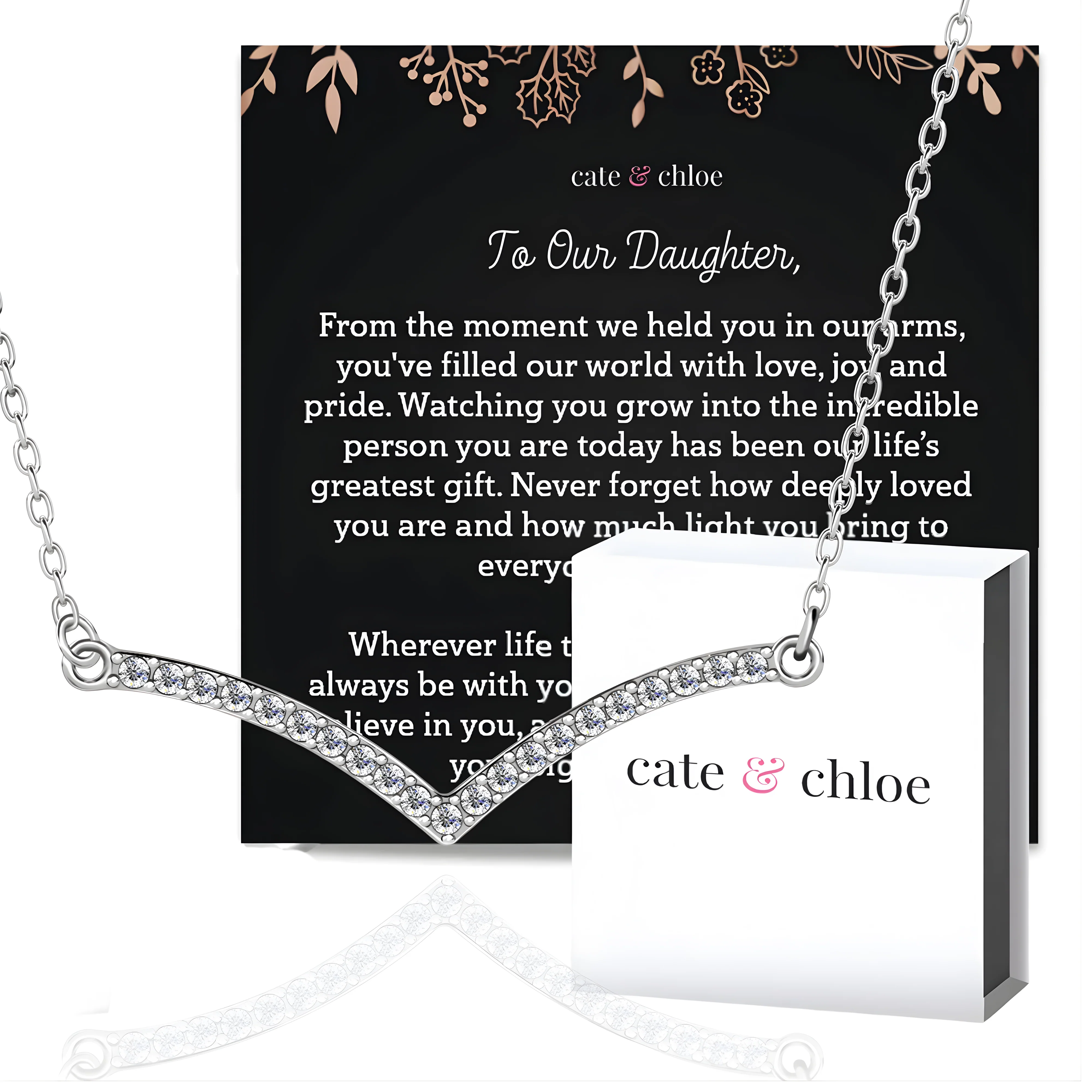 Hope 18k White Gold Plated V Linear Necklace with Swarovski Crystals & Heartfelt Message for Daughter