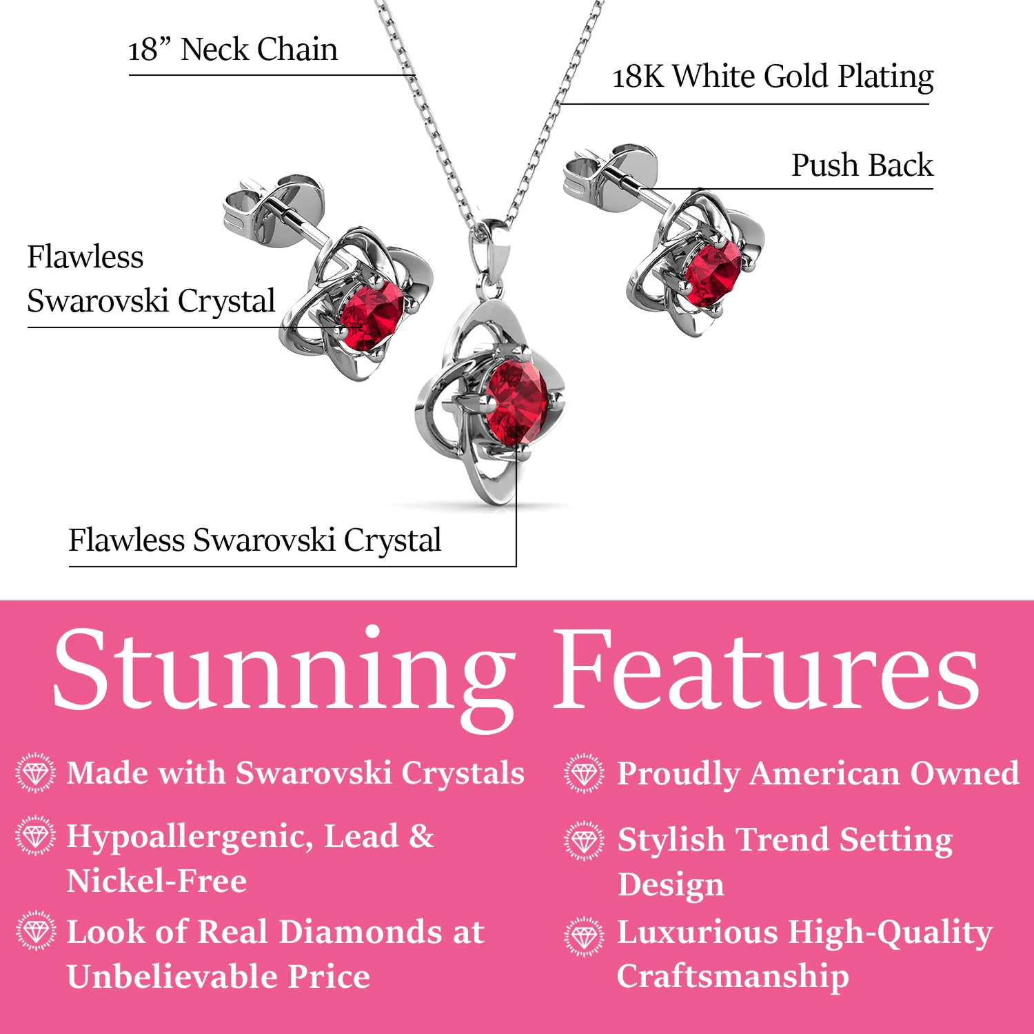 Infinity Birthstone 18k White Gold Plated Stud Earrings and Necklace Set with Swarovski Crystals - Image 3