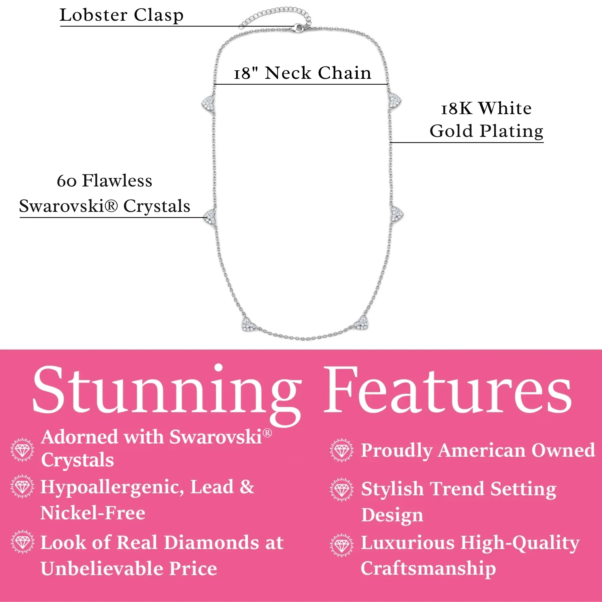Irene 18k White Gold Plated Heart Station Necklace with Swarovski Crystals - Image 3