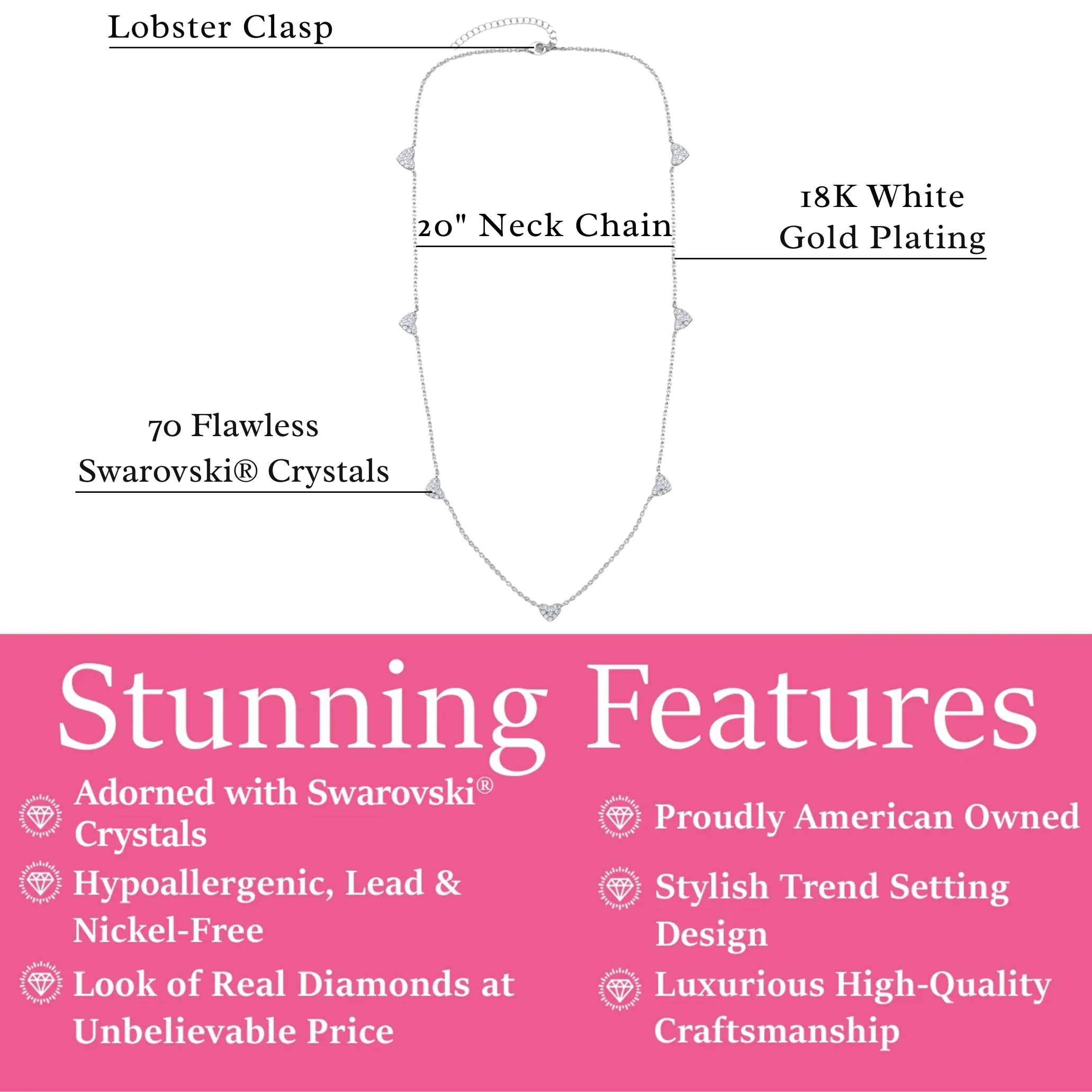 Irene 18k White Gold Plated Heart Station Necklace with Swarovski Crystals - Image 9