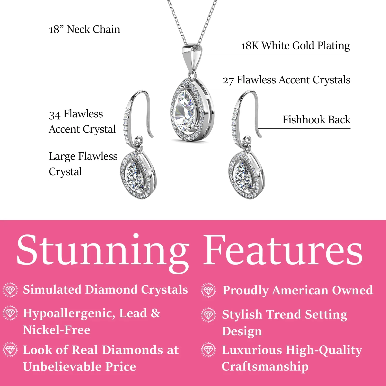 Isabel 18k White Gold Plated Drop Earrings and Necklace Jewelry Set with Simulated Diamond Crystals - Image 3