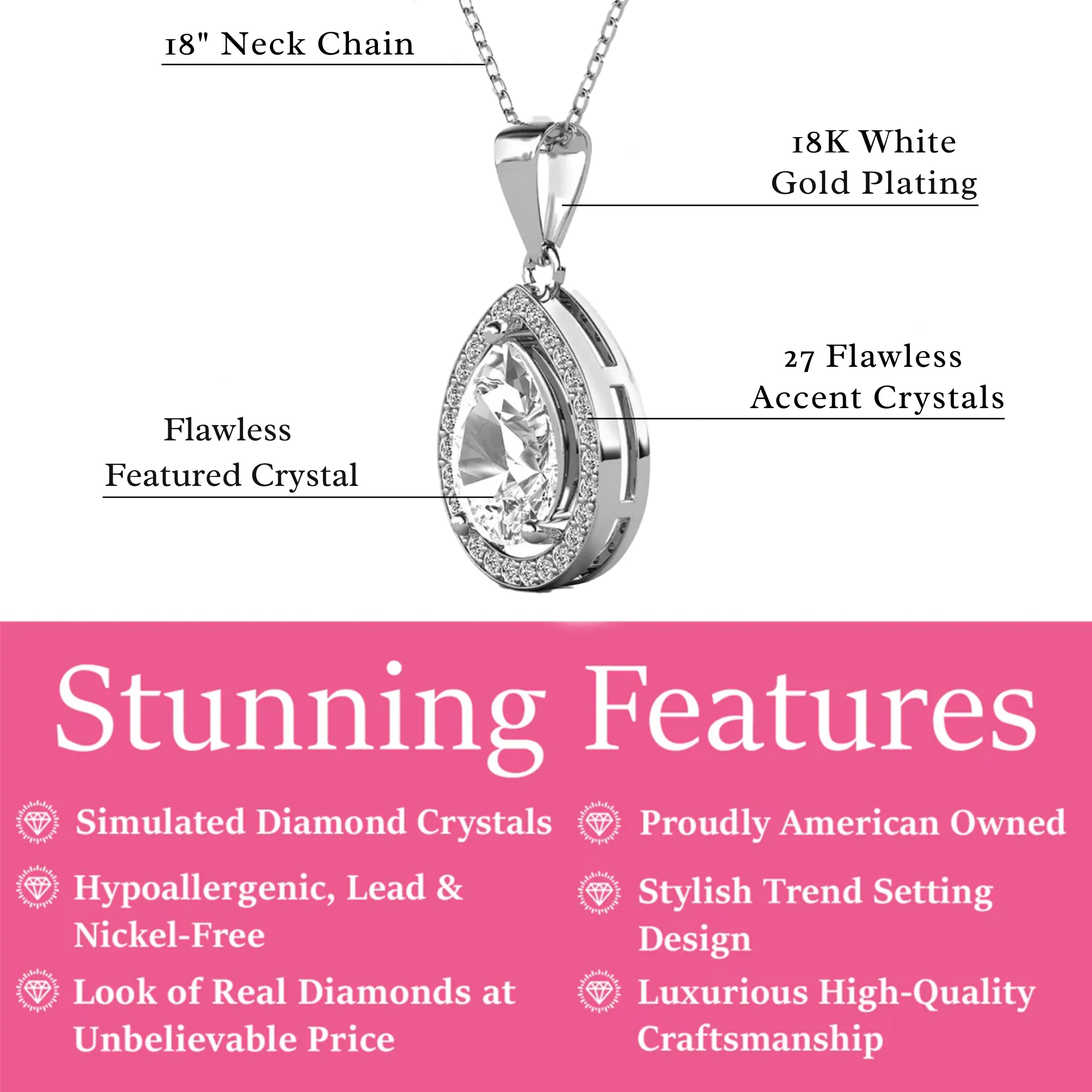Isabel 18k White Gold Plated Halo Teardrop Necklace with Simulated Diamond Crystal - Image 3