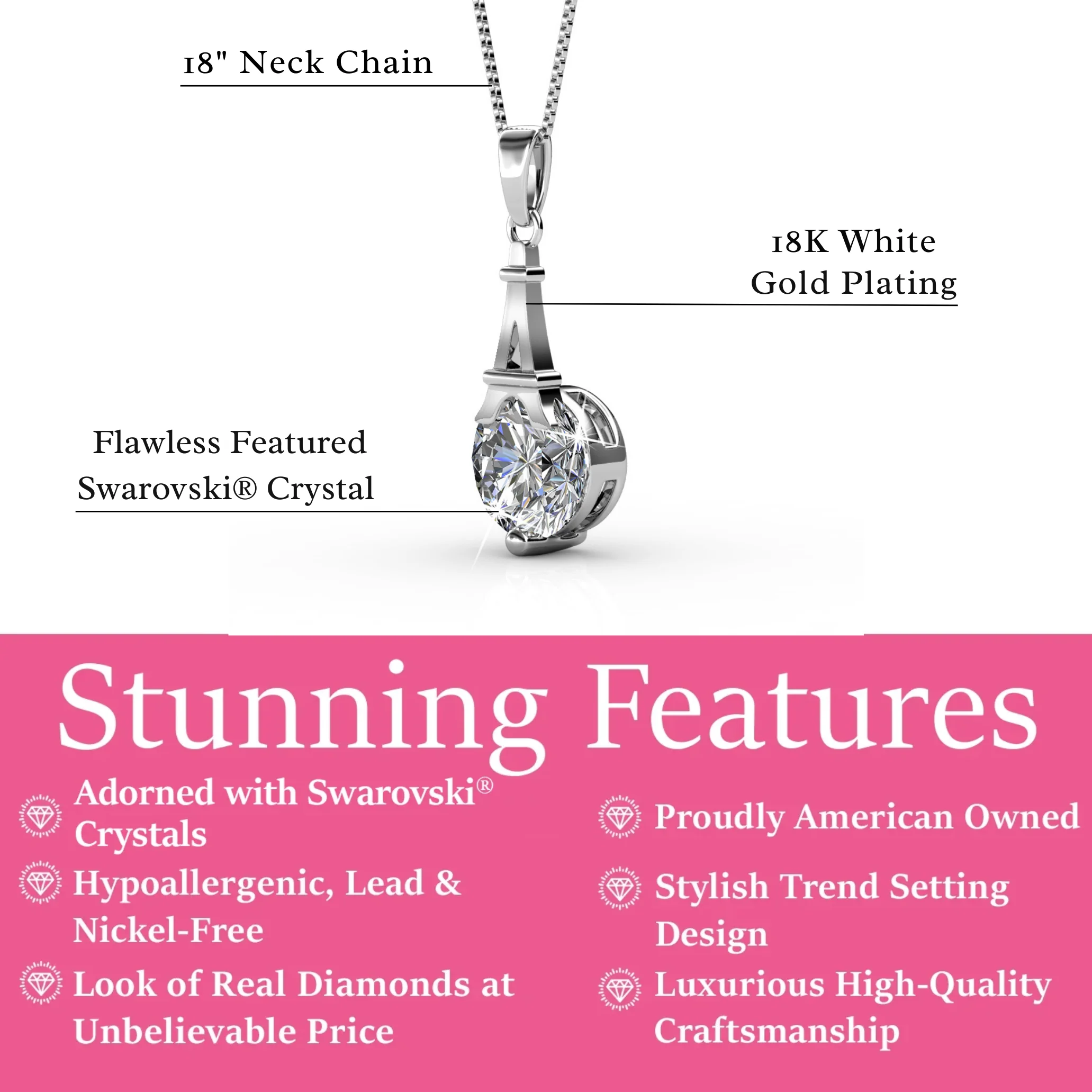 Isla 18k White Gold Plated Pendant Necklace with Round Swarovski Crystal - Image 3